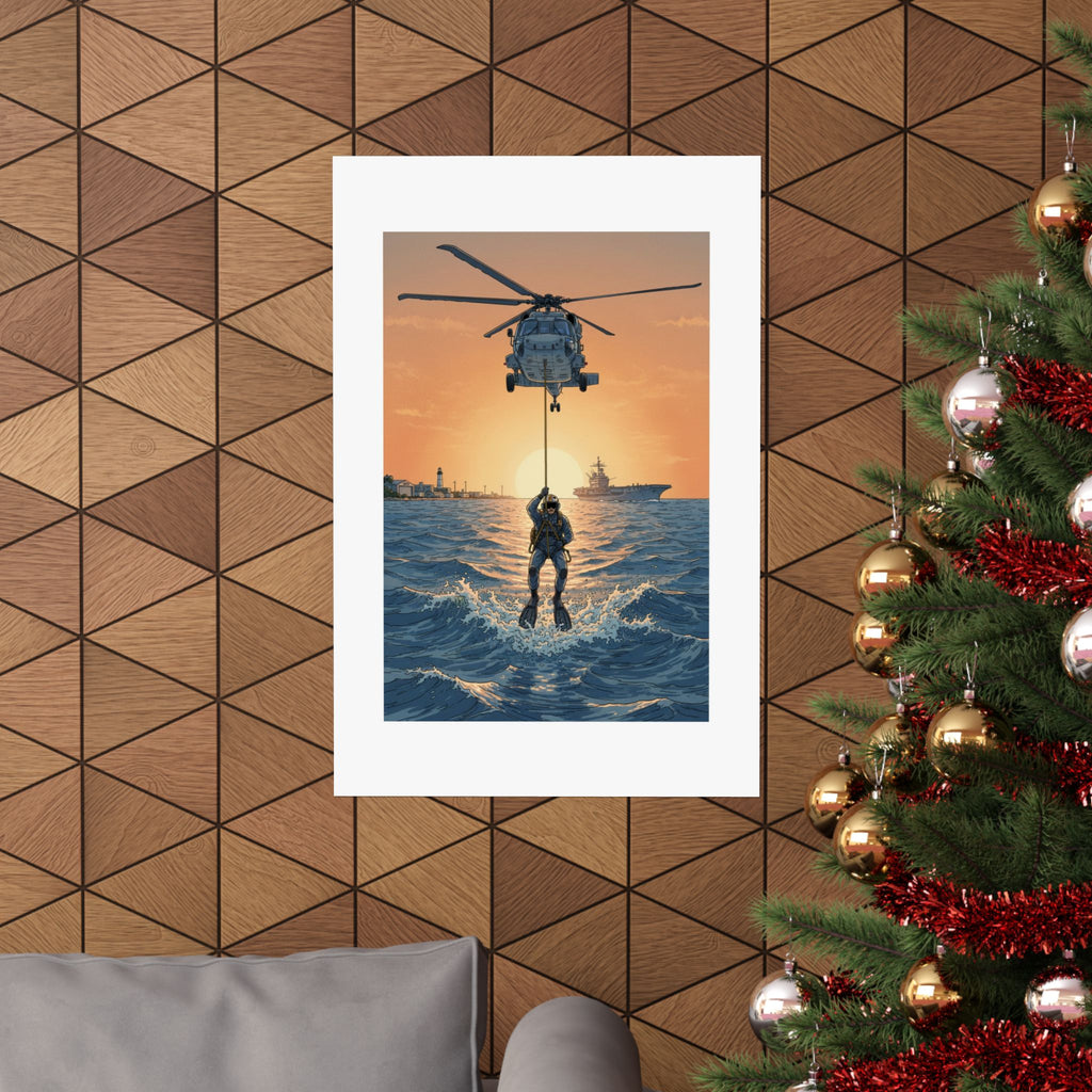 Matte Poster — Navy Rescue Helicopter at Sunset (Vertical)