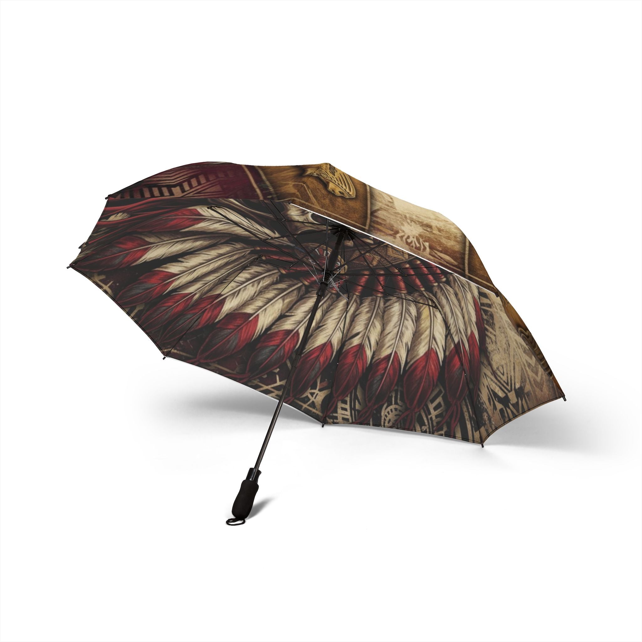 Skull & Feather Headdress Foldable Umbrella — Semi-Automatic Tribal Skull Rain Umbrella