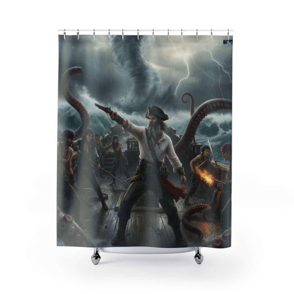 Pirate Kraken Battle Shower Curtain — Nautical Storm Bathroom Decor