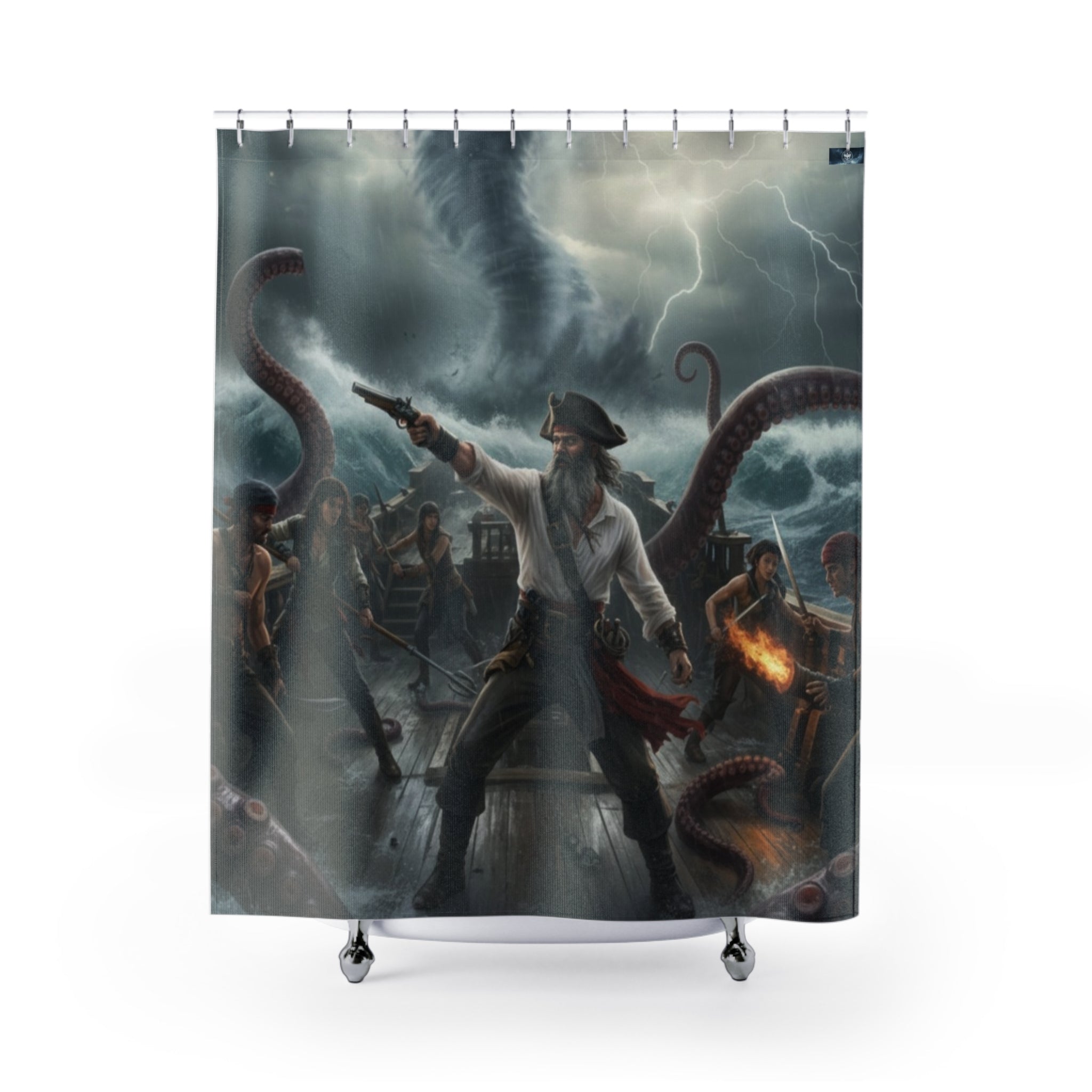 Pirate Kraken Battle Shower Curtain — Nautical Storm Bathroom Decor