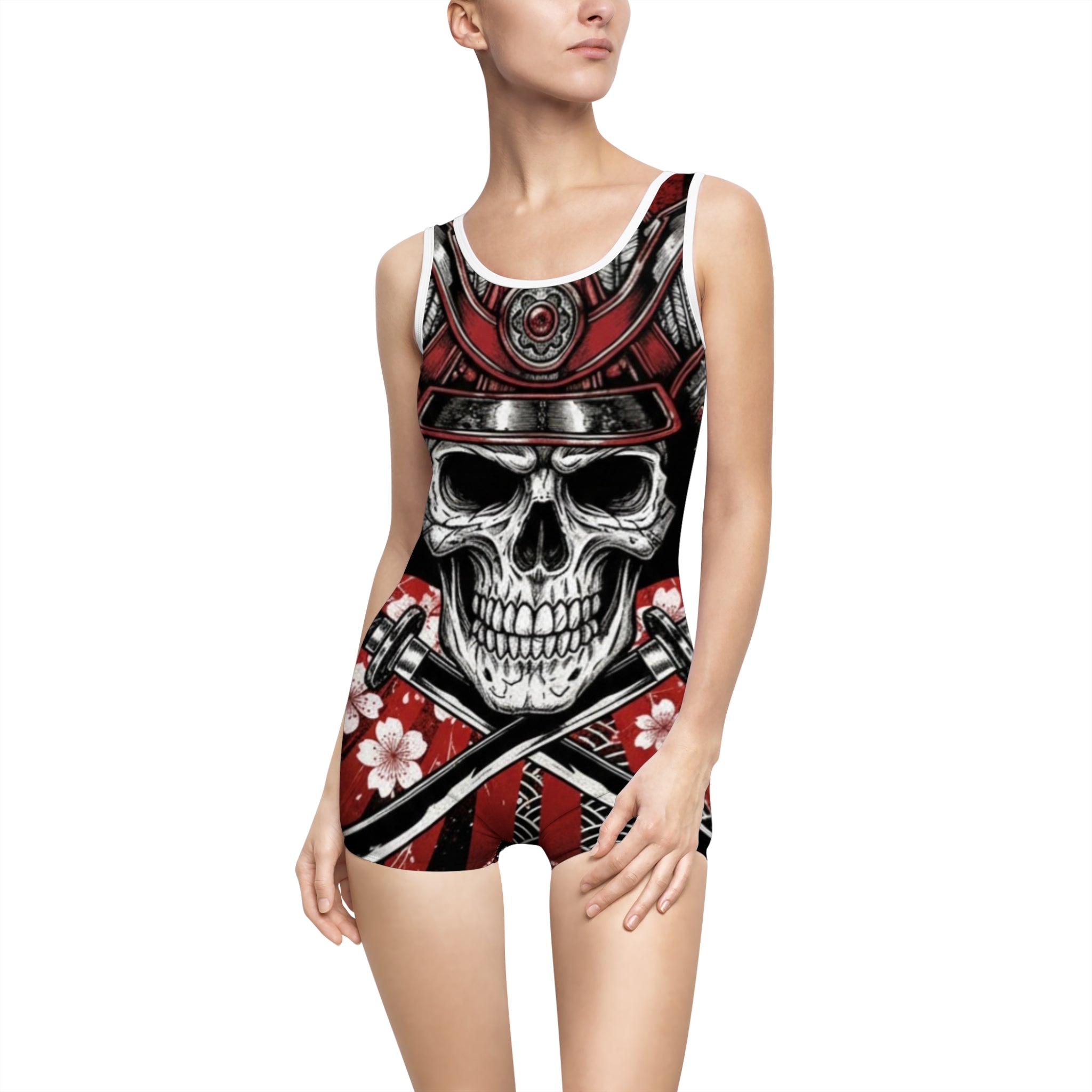 Skull Samurai One-Piece Swimsuit – Vintage Red Floral AOP