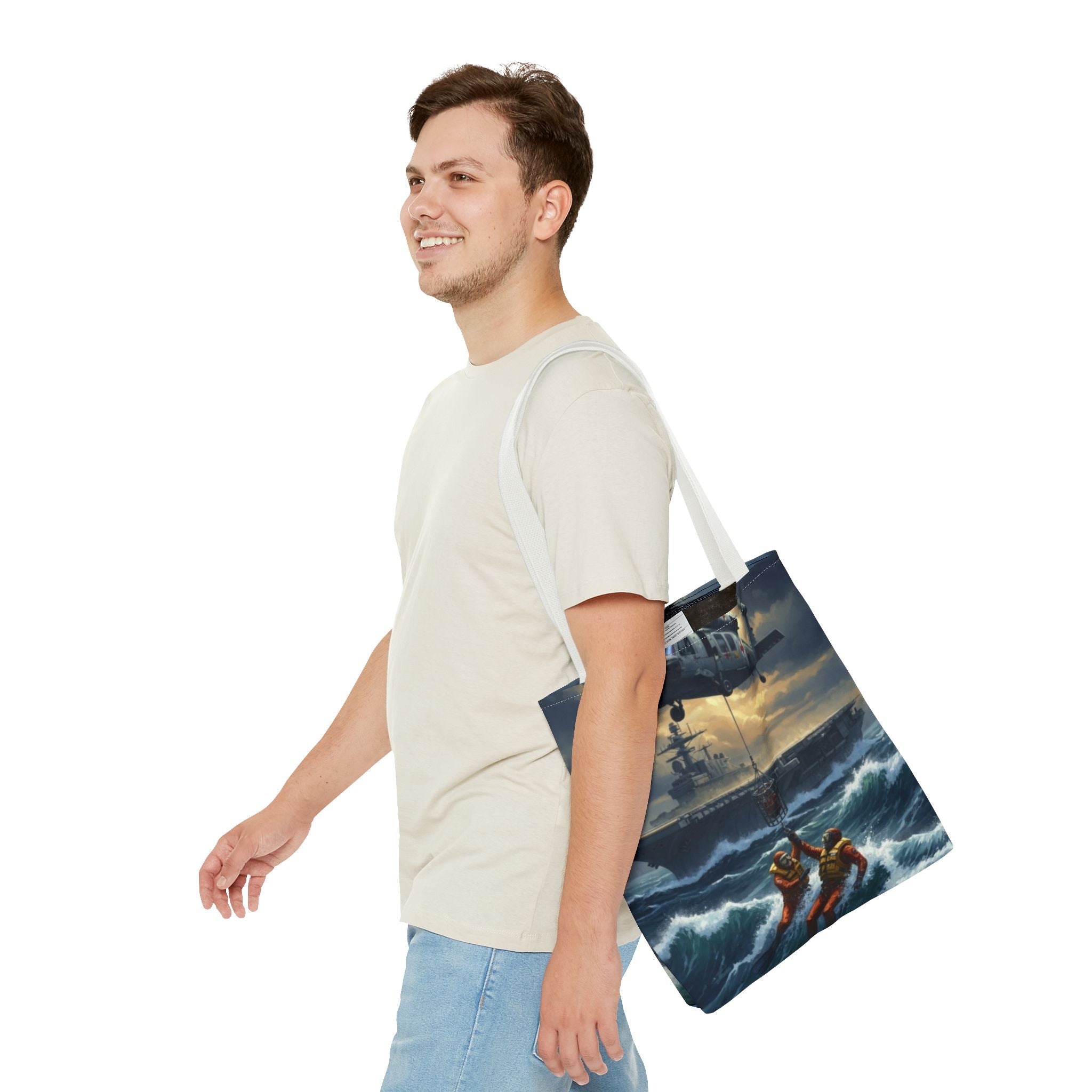 Rescue Squadron Tote Bag – Military Helicopter & Ship Search and Rescue Artwork