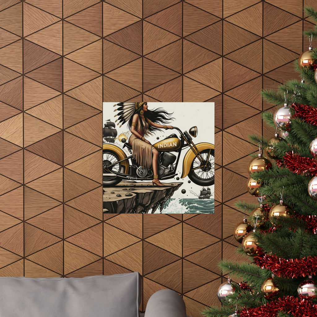 Vintage Indian Motorcycle Poster — Native Rider Matte Vertical Art Print