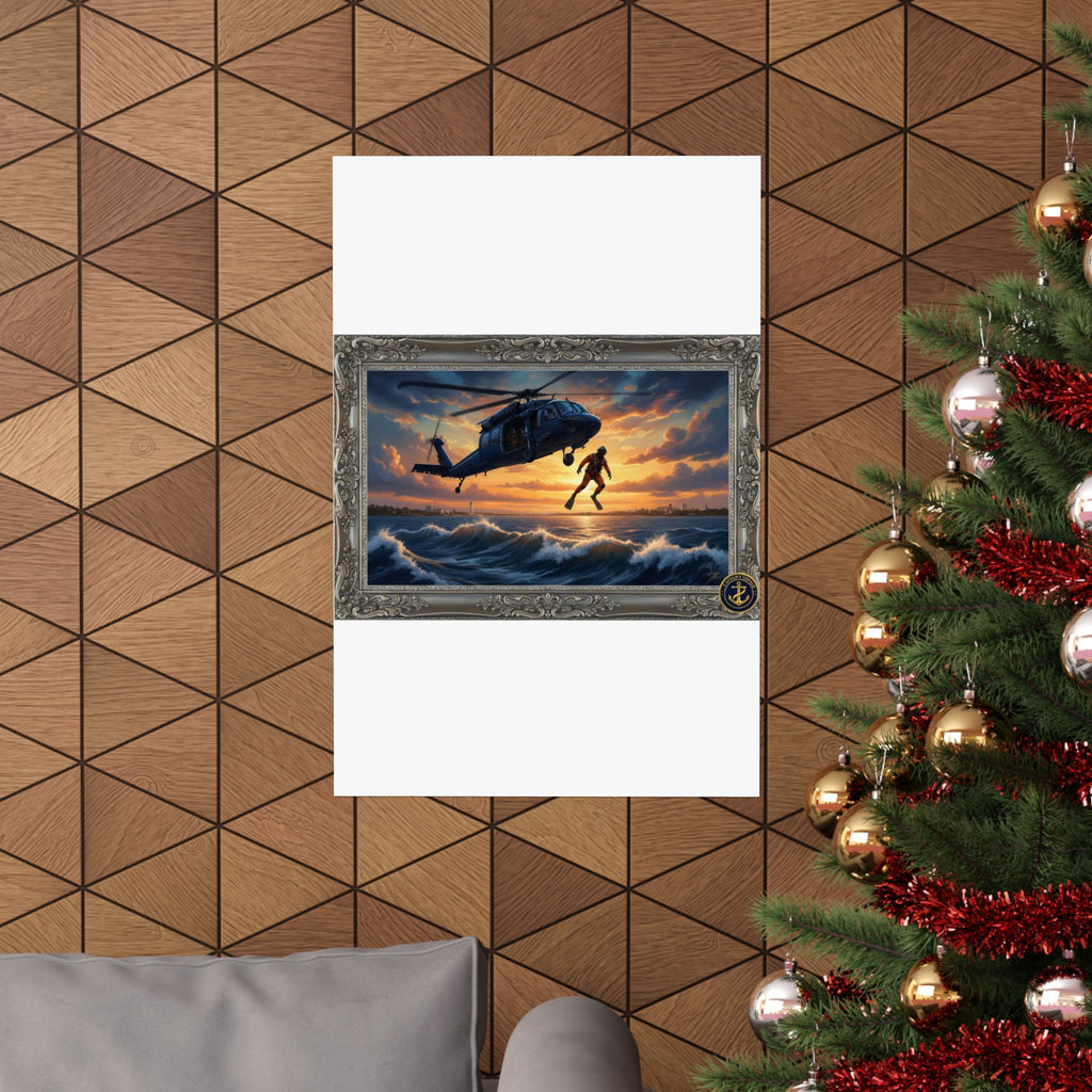 Rescue Helicopter Sunset Poster — Matte Vertical Aviation Wall Art