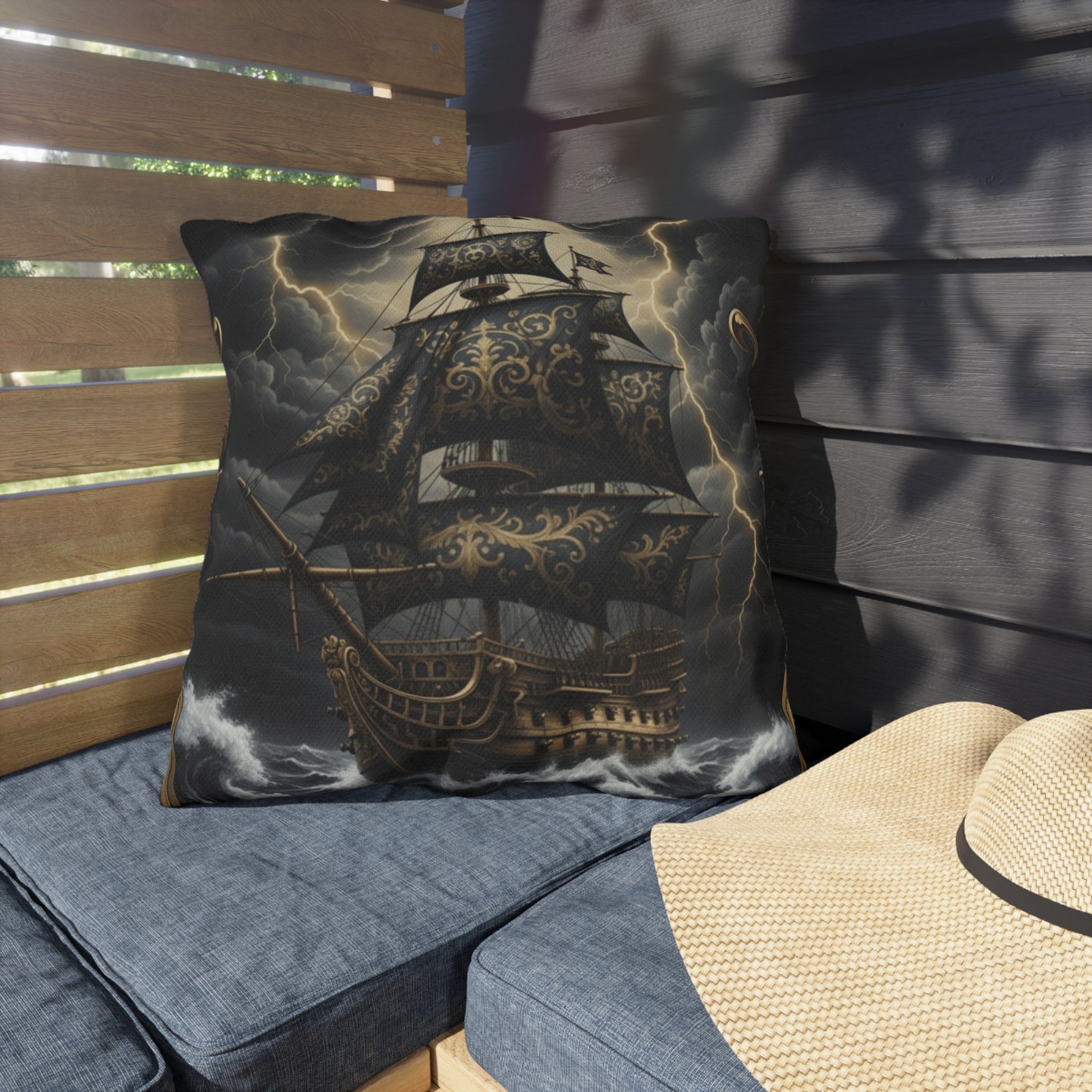 Nautical Black Pirate Ship Outdoor Pillow - "The Captain's Voyage Collection" Accent Cushion
