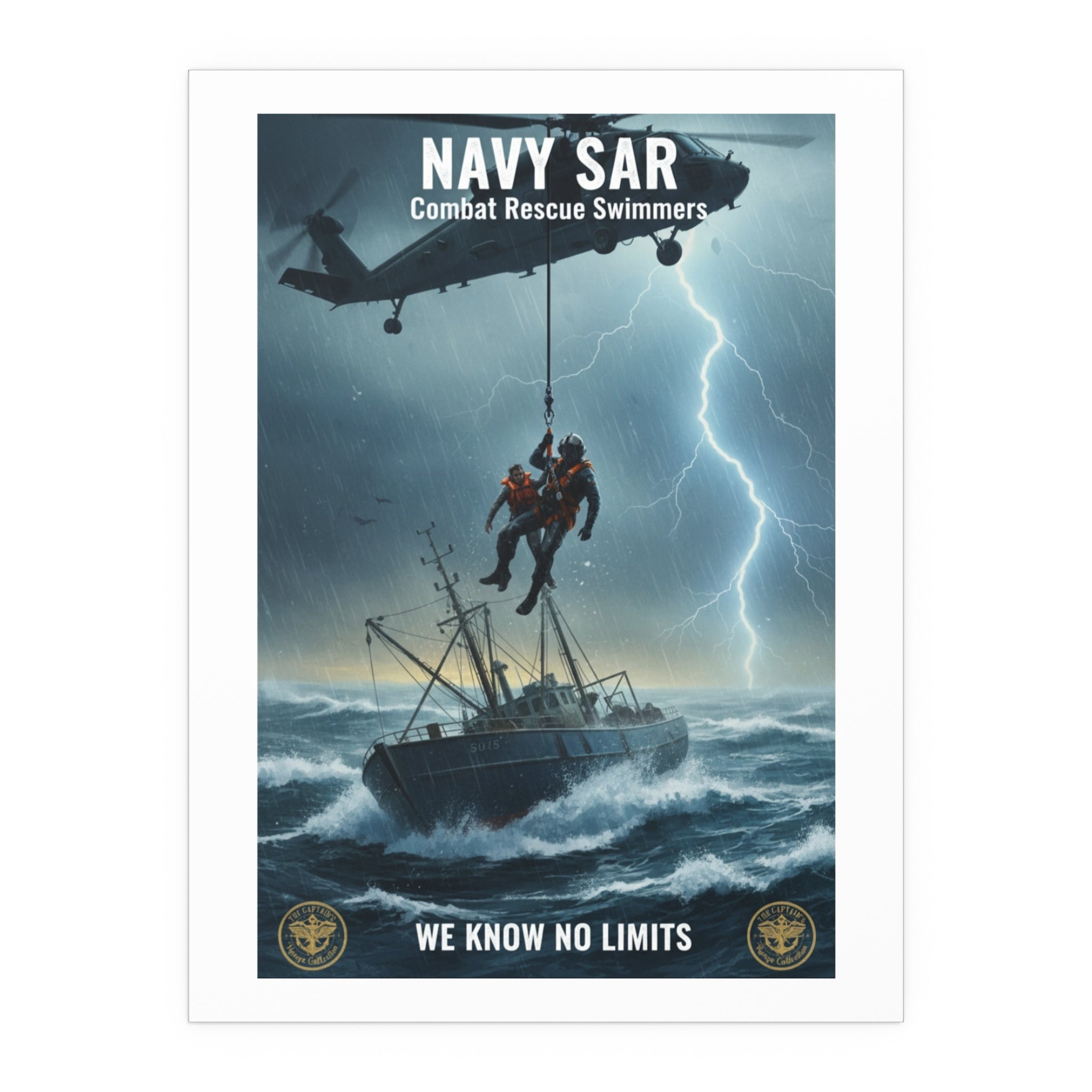 Rescue at Sea Silk Poster — Storm Helicopter Lifesaver Wall Art (Indoor/Outdoor)