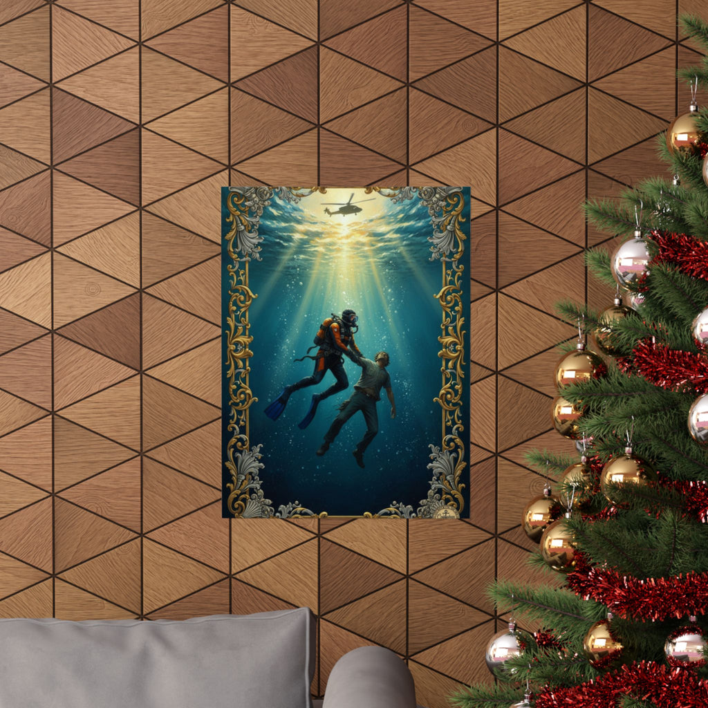 Underwater Rescue Poster — Diver & Child Matte Vertical Art Print