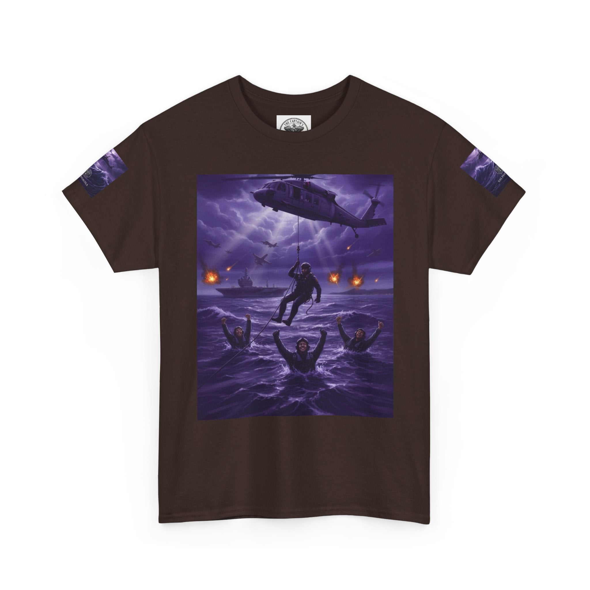 Rescue Night Tee — Purple Helicopter Sea Rescue Graphic T-Shirt