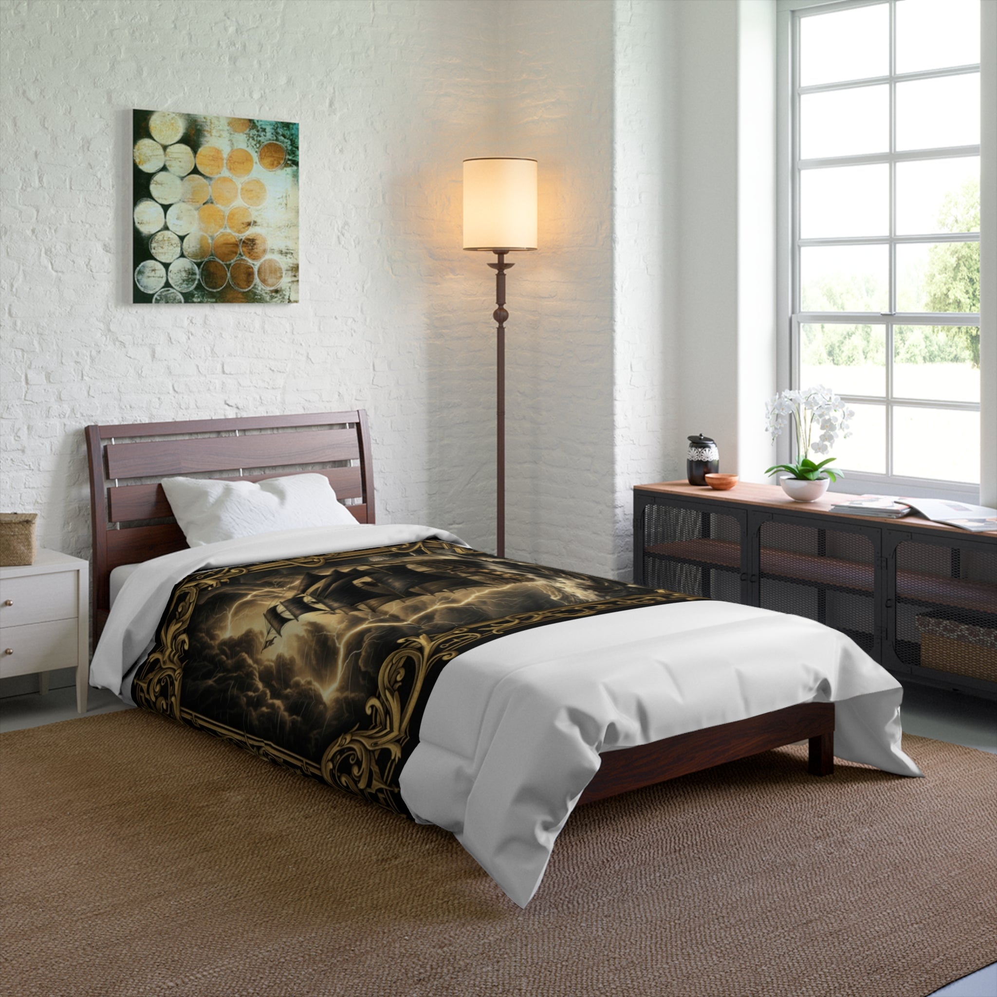 Nautical Storm Ship Comforter – Vintage Pirate Ship Bedding with Ornate Compass Frame