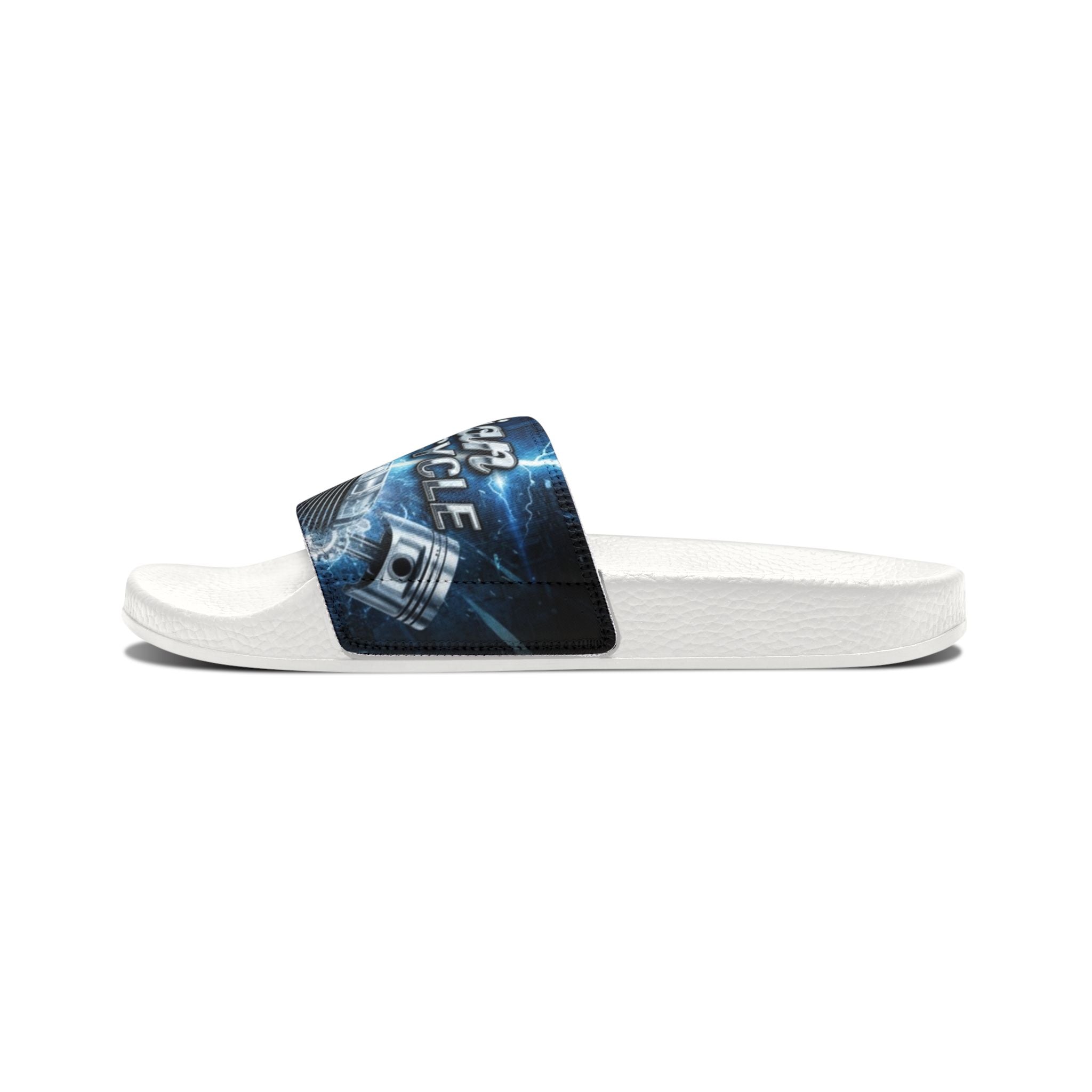 Men's Custom Slide Sandals — Removable Strap Graphic Slides (Motorcycle Emblem Design)
