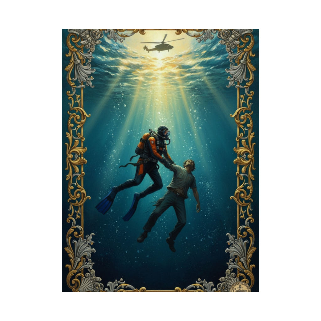 Underwater Rescue Poster — Diver & Child Matte Vertical Art Print