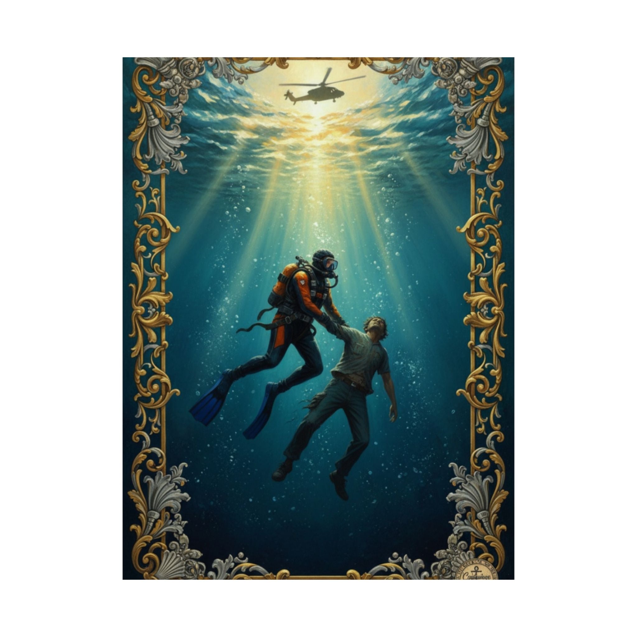 Underwater Rescue Poster — Diver & Child Matte Vertical Art Print