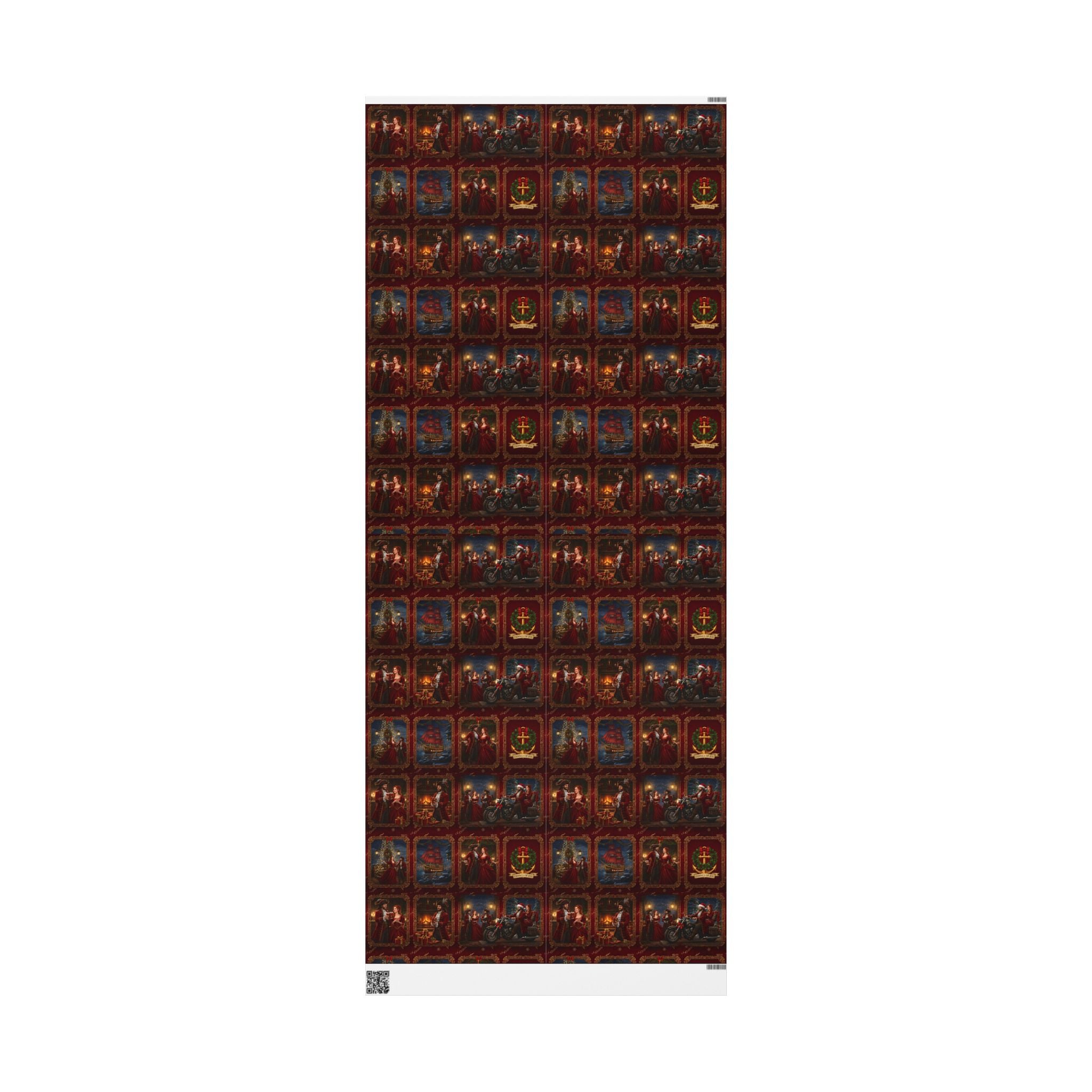 Wrapping Paper Roll — Vintage Holiday Sleigh & Ornament Pattern (Red & Gold)