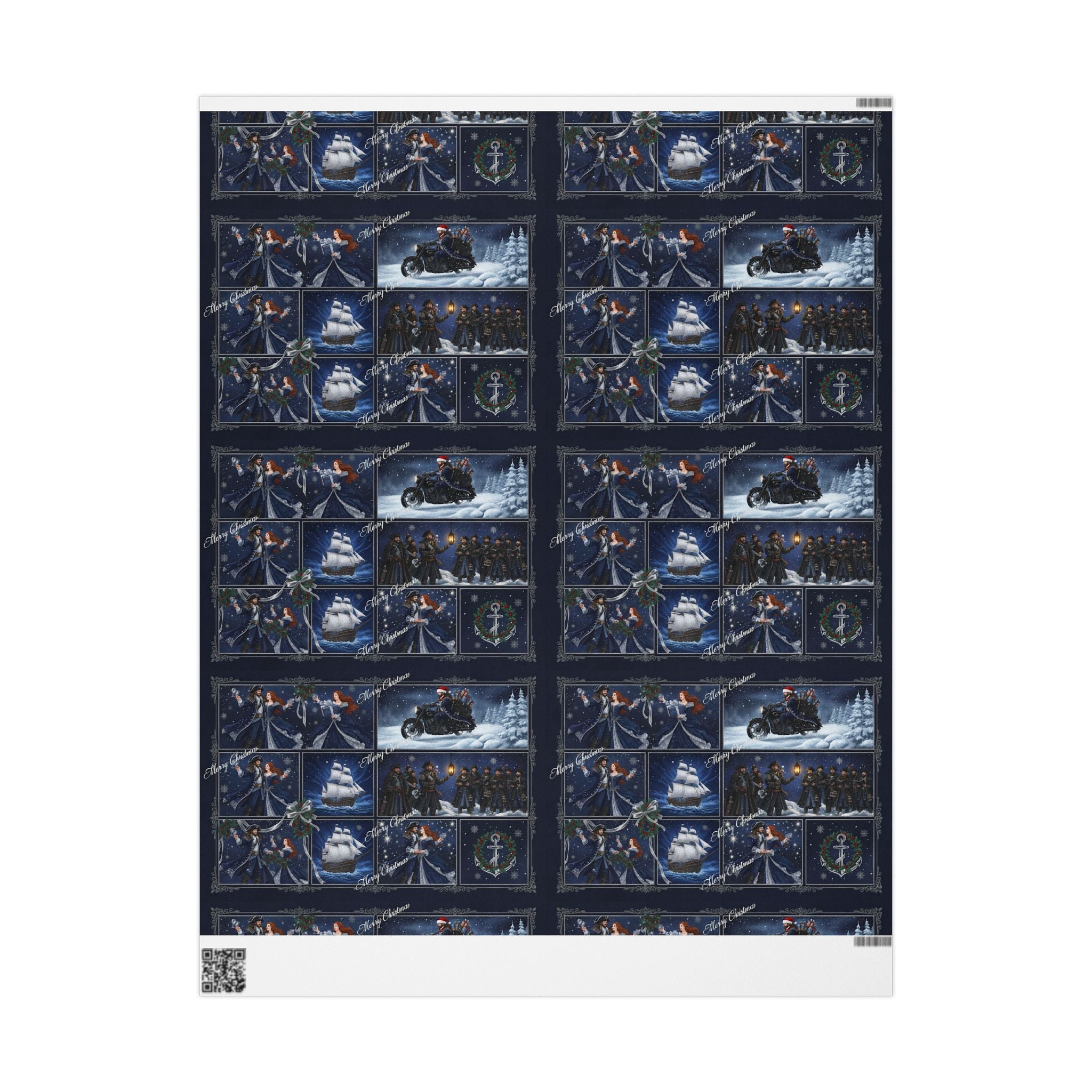 Wrapping Paper - Festive Navy Holiday Scene Gift Wrap (Snow, Sleigh, Night Sky)