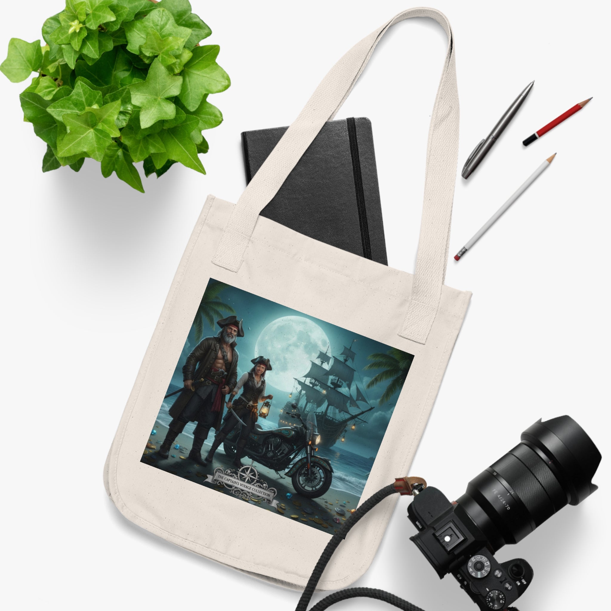 Pirate Night Motorcycle Tote — Moonlit Ship & Buccaneers Organic Canvas Bag
