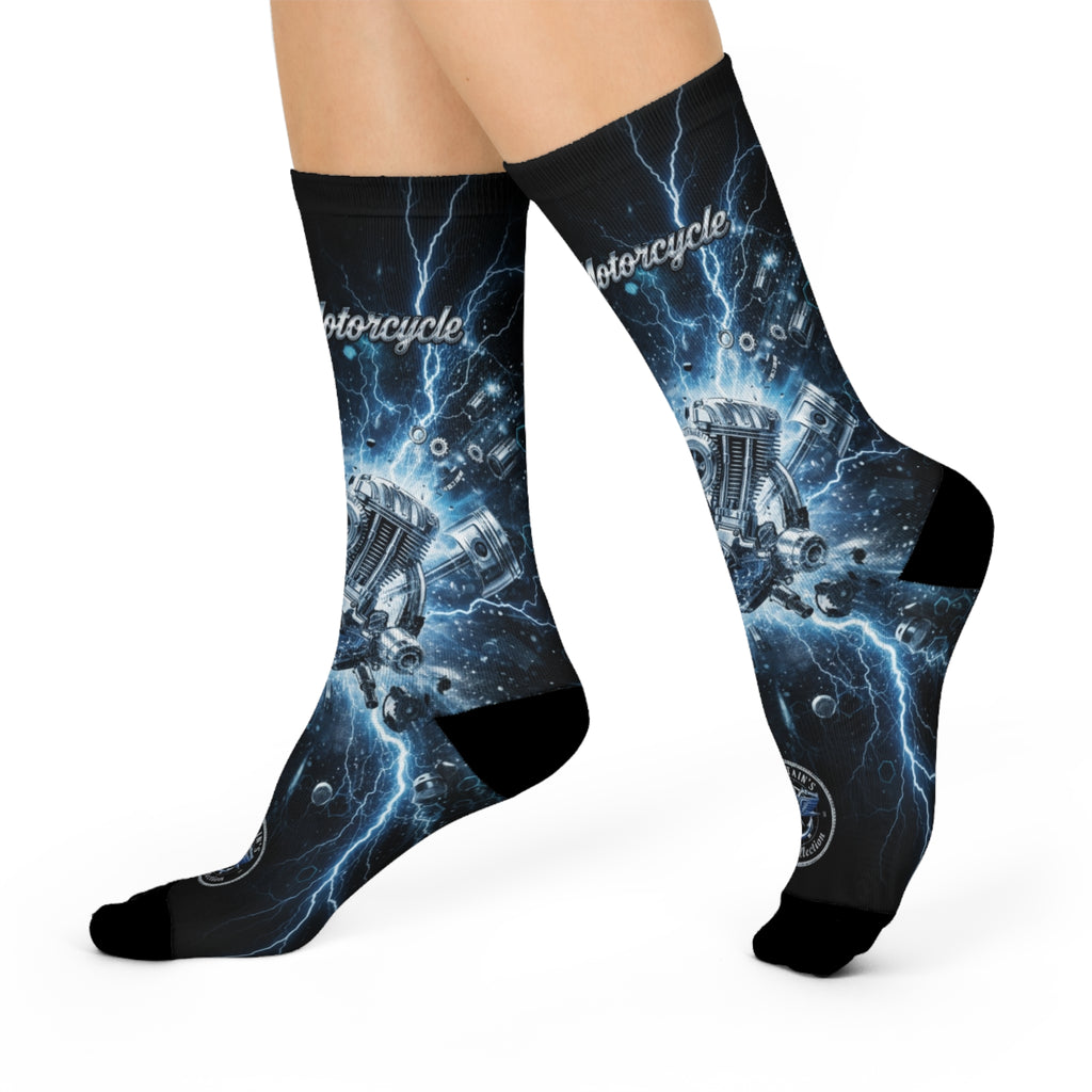 Motorcycle Engine Lightning Crew Socks — Cushioned Biker Socks