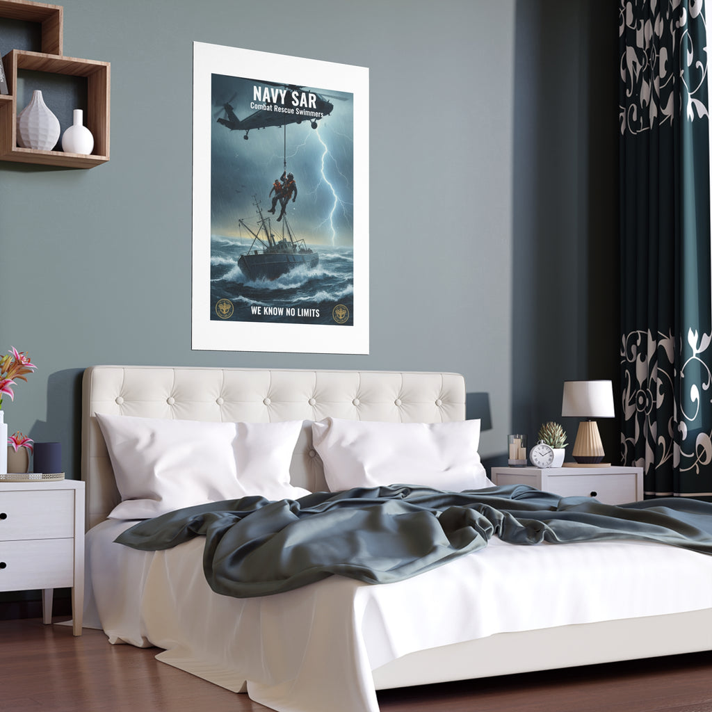 Rescue at Sea Silk Poster — Storm Helicopter Lifesaver Wall Art (Indoor/Outdoor)