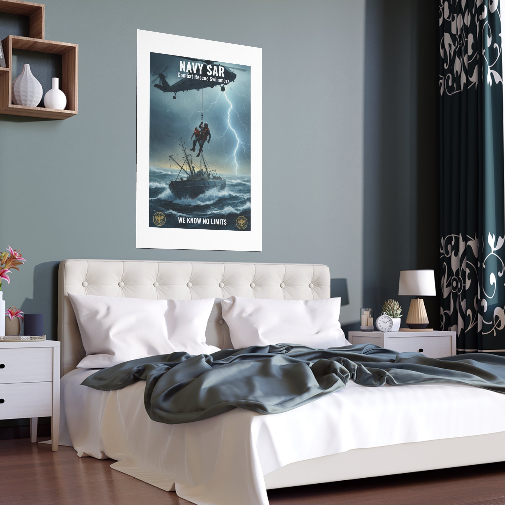 Rescue at Sea Silk Poster — Storm Helicopter Lifesaver Wall Art (Indoor/Outdoor)
