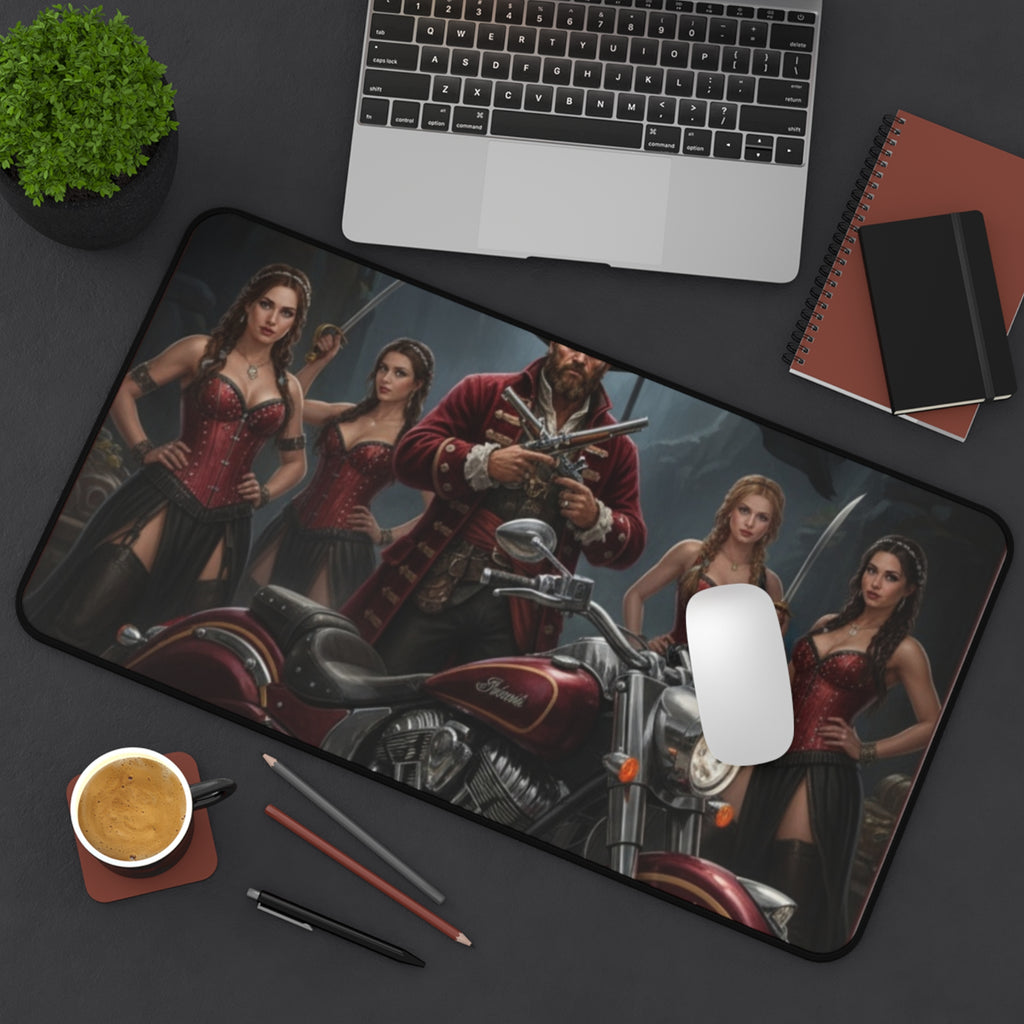 Pirate Biker Desk Mat — Captain with Motorcycle & Sirens Gaming Mousepad