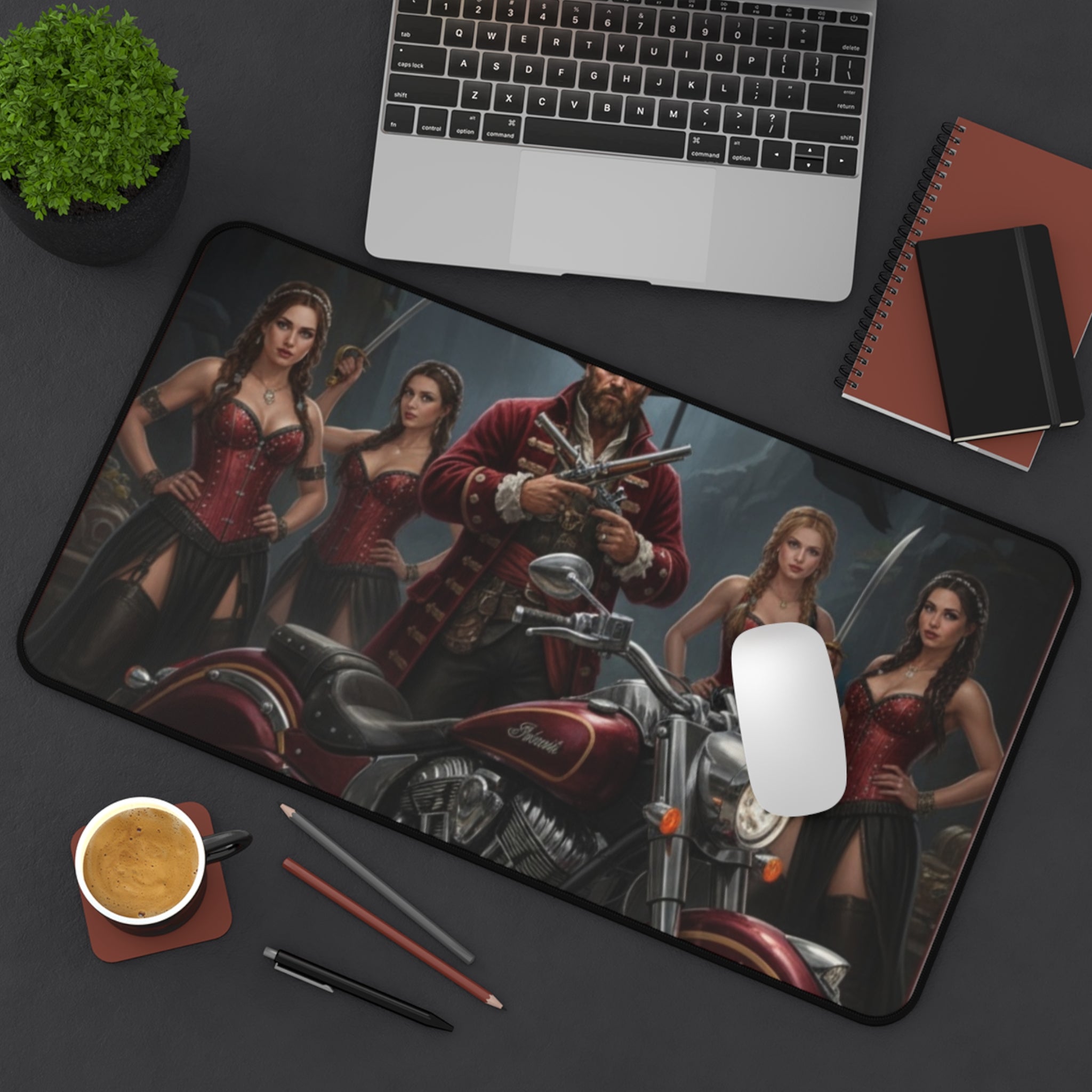 Pirate Biker Desk Mat — Captain with Motorcycle & Sirens Gaming Mousepad