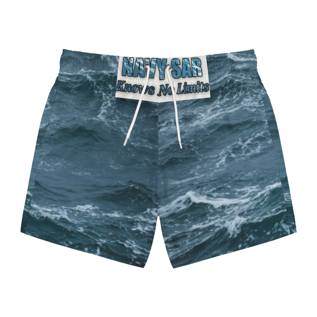 Ocean Wave Swim Trunks — All-Over Print 'Navy Sea Knows No Limits'