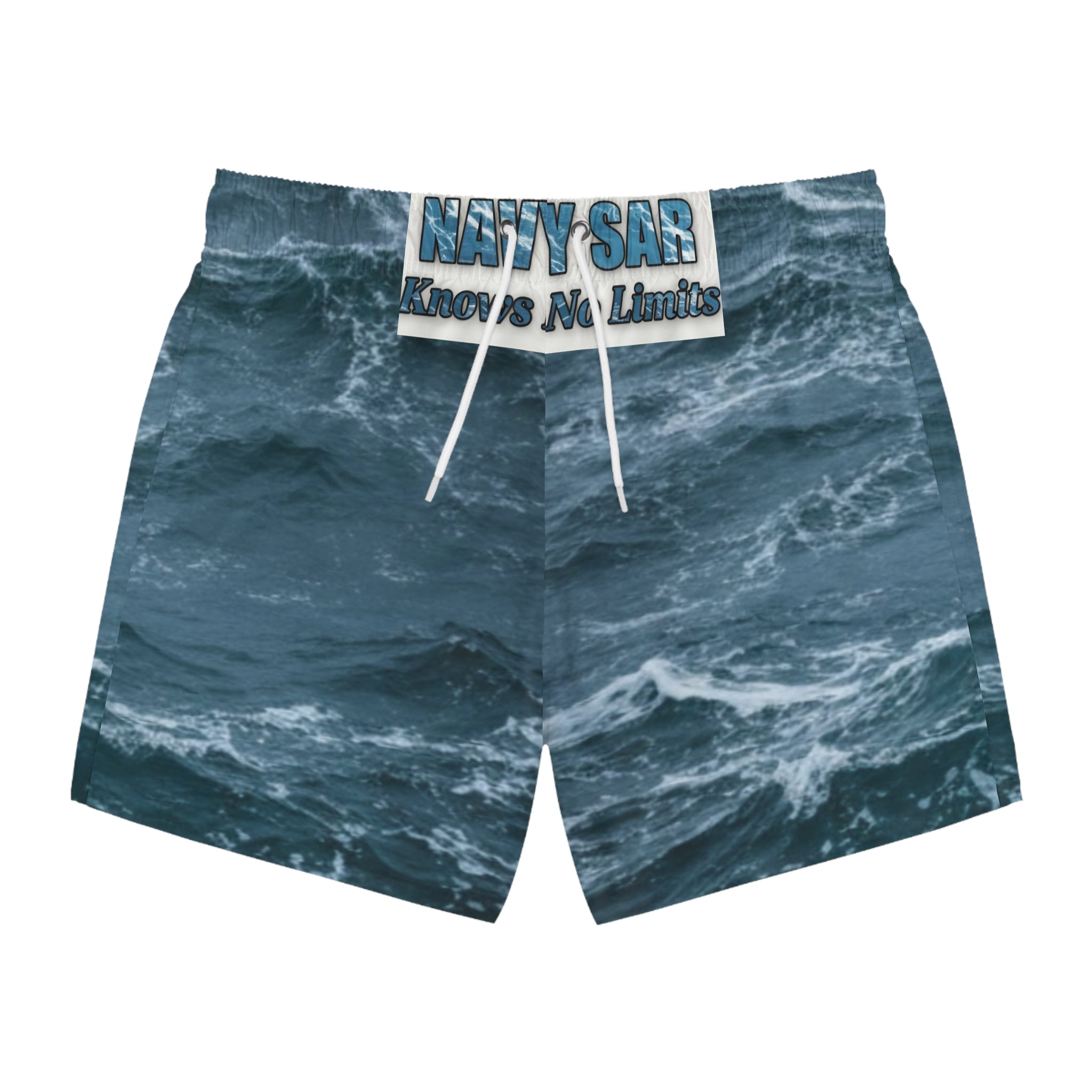 Ocean Wave Swim Trunks — All-Over Print 'Navy Sea Knows No Limits'
