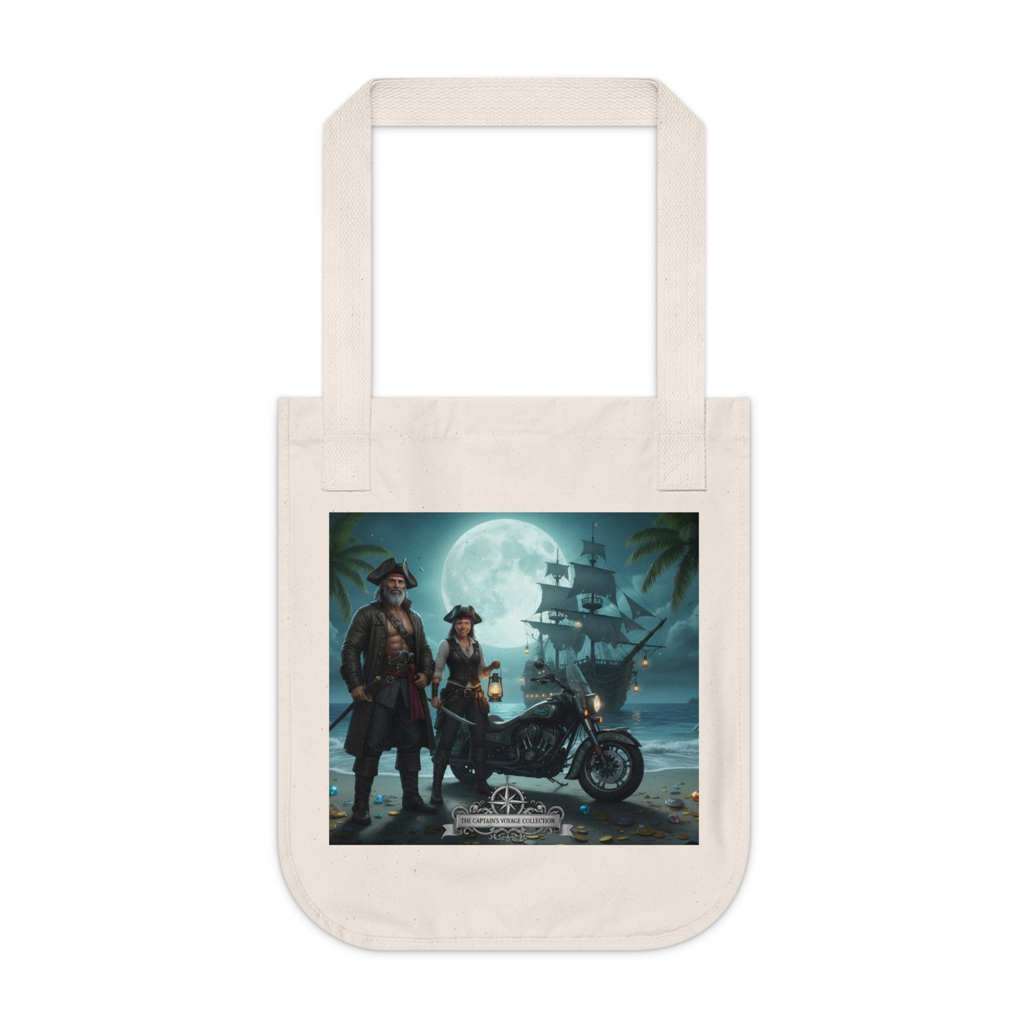 Pirate Night Motorcycle Tote — Moonlit Ship & Buccaneers Organic Canvas Bag