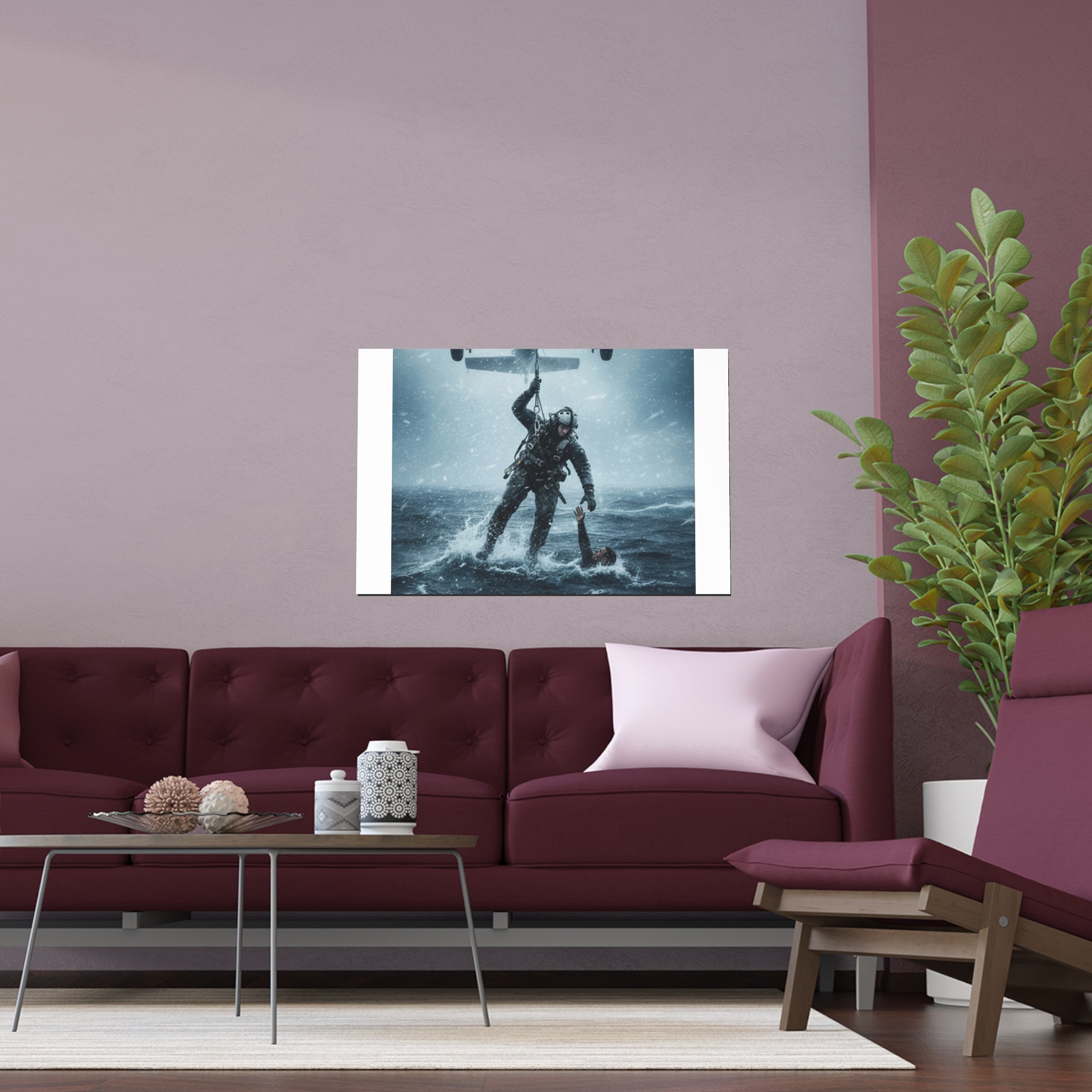 Rescue Diver Silk Poster – Dramatic Sea & Helicopter Wall Art (Indoor/Outdoor)