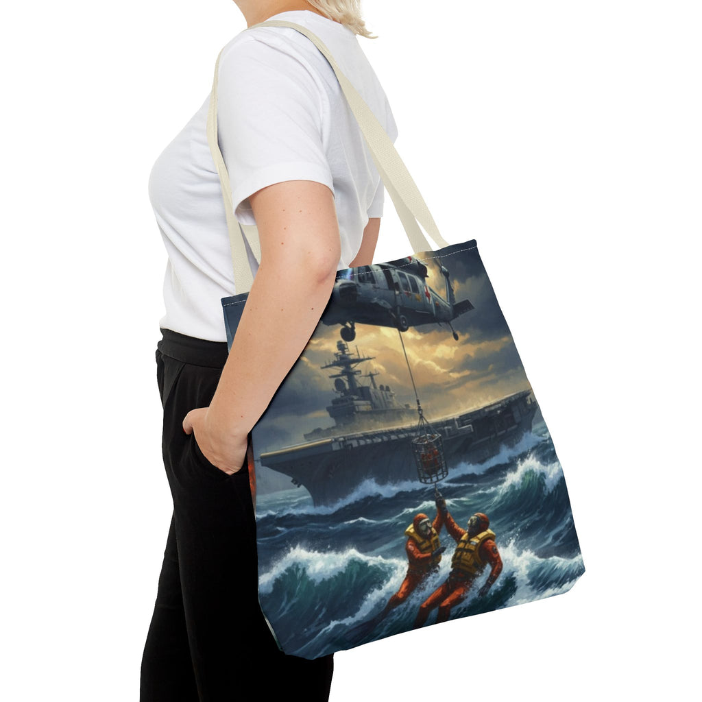Rescue Squadron Tote Bag – Military Helicopter & Ship Search and Rescue Artwork