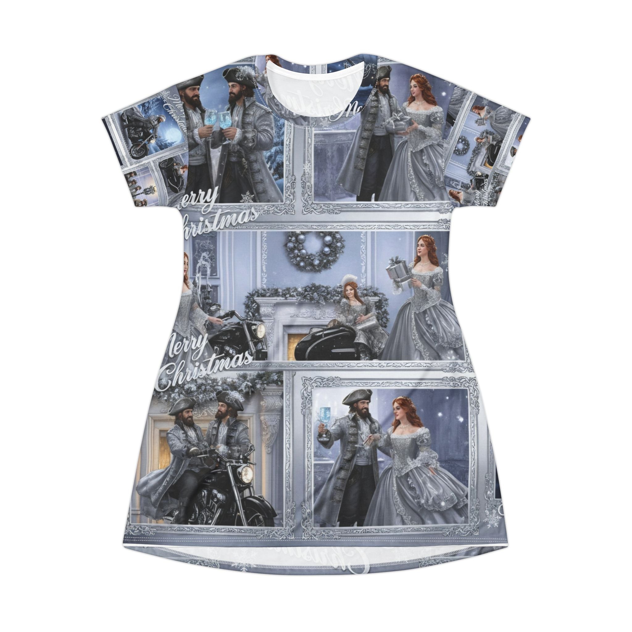 Merry Christmas Fantasy T-Shirt Dress — Winter Scene All-Over Print