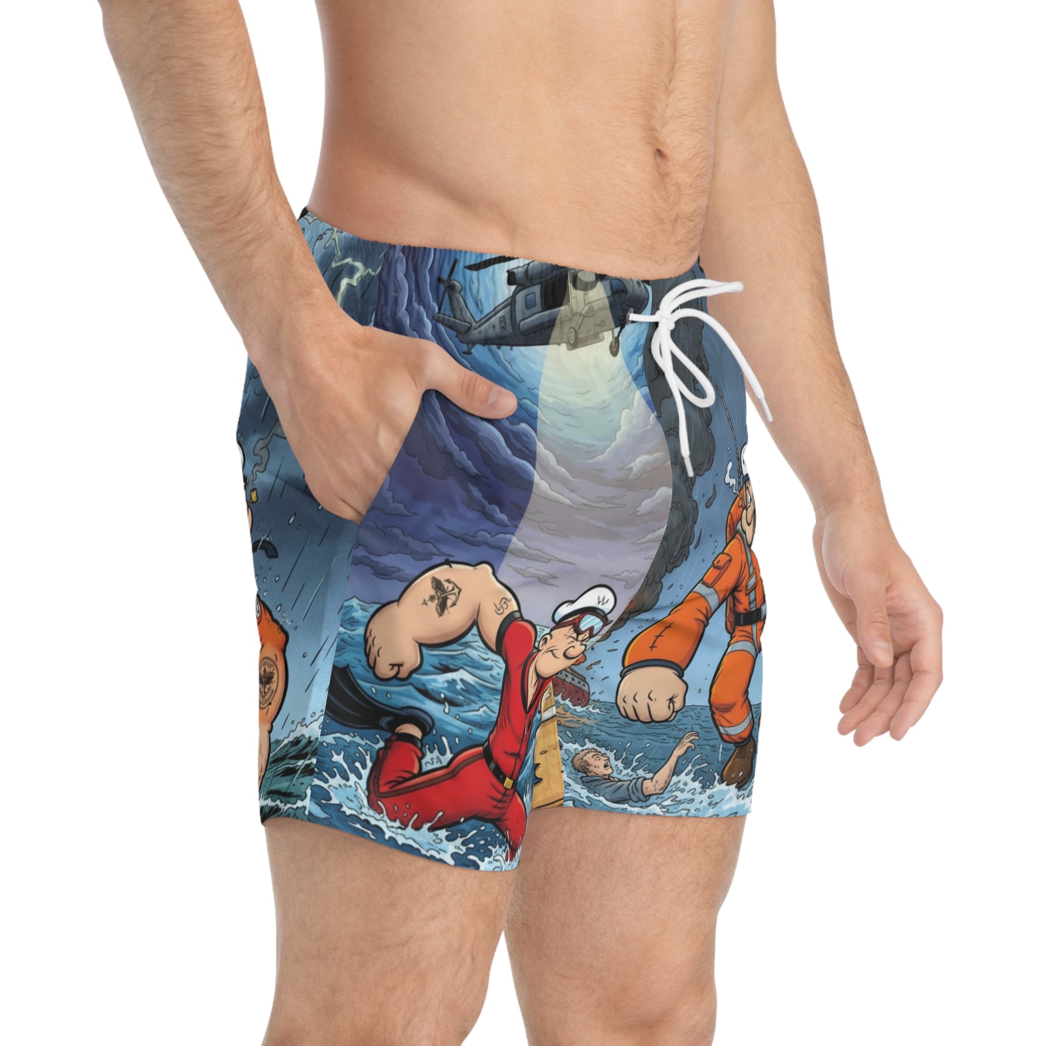 Popeye Rescue Crew Swim Trunks — All-Over-Print Nautical Cartoon Beach Shorts