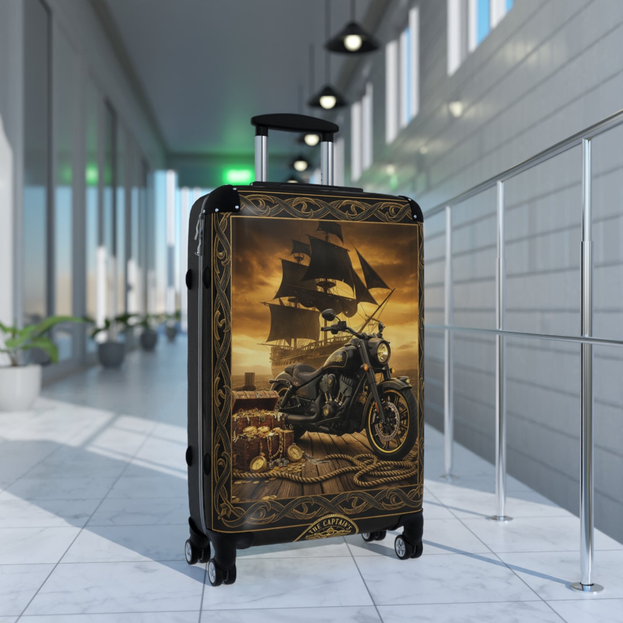 Vintage Pirate Ship & Motorcycle Suitcase – Travel Carry-On with Nautical Adventure Design