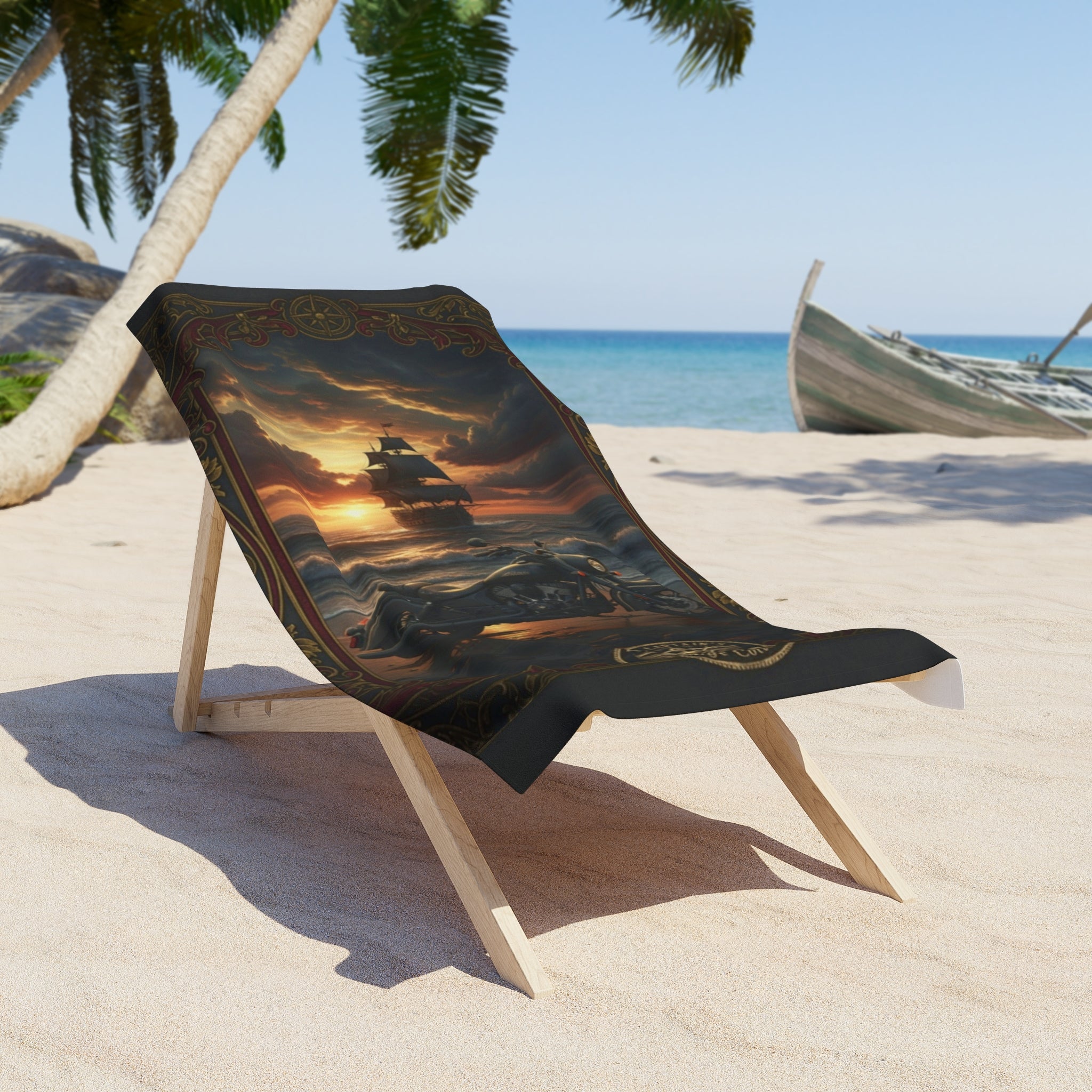 Pirate Sunset Beach Towel — Nautical Ship & Skull Sunset Design