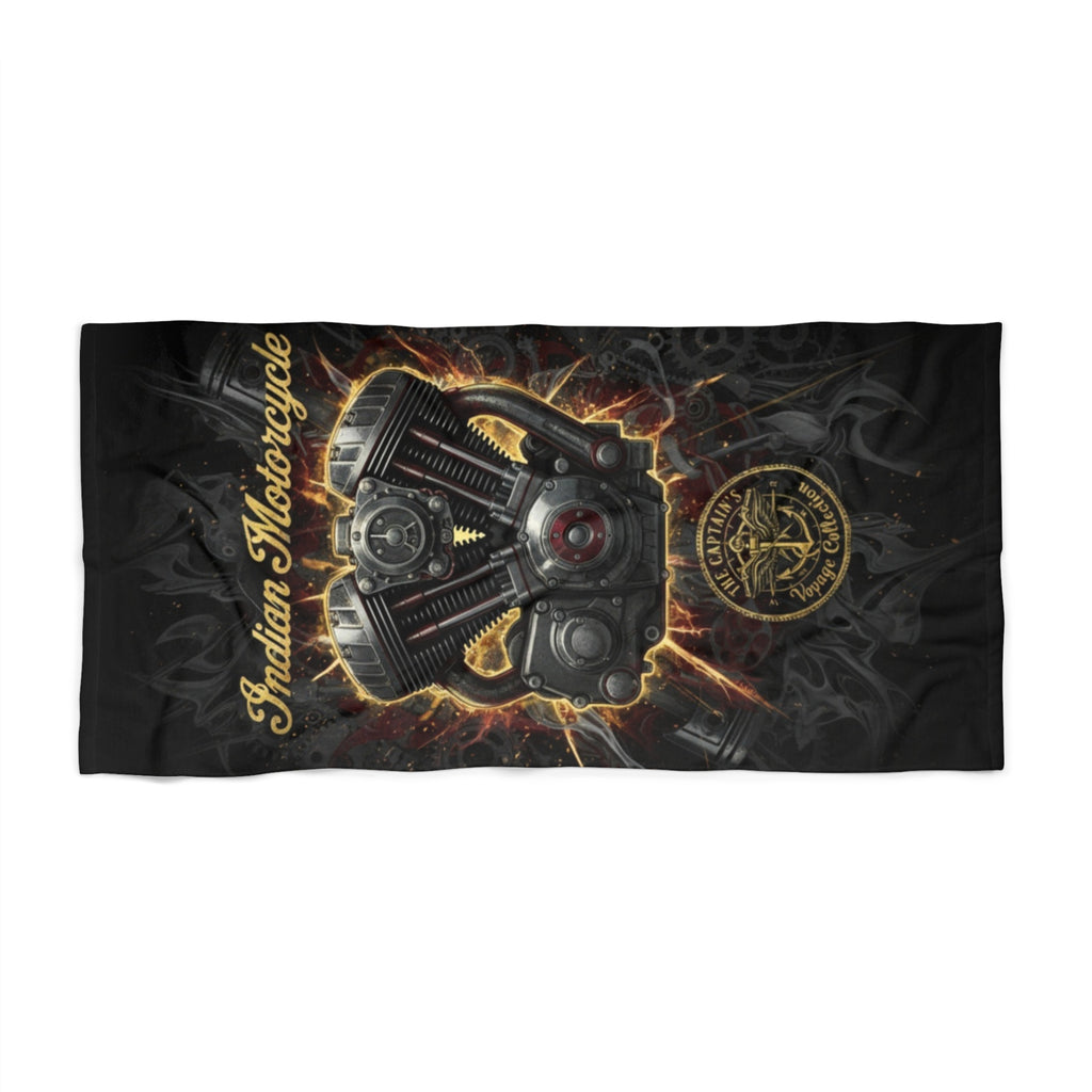 Indian Motorcycle Engine Beach Towel — Retro Biker Skull & V-Twin Design