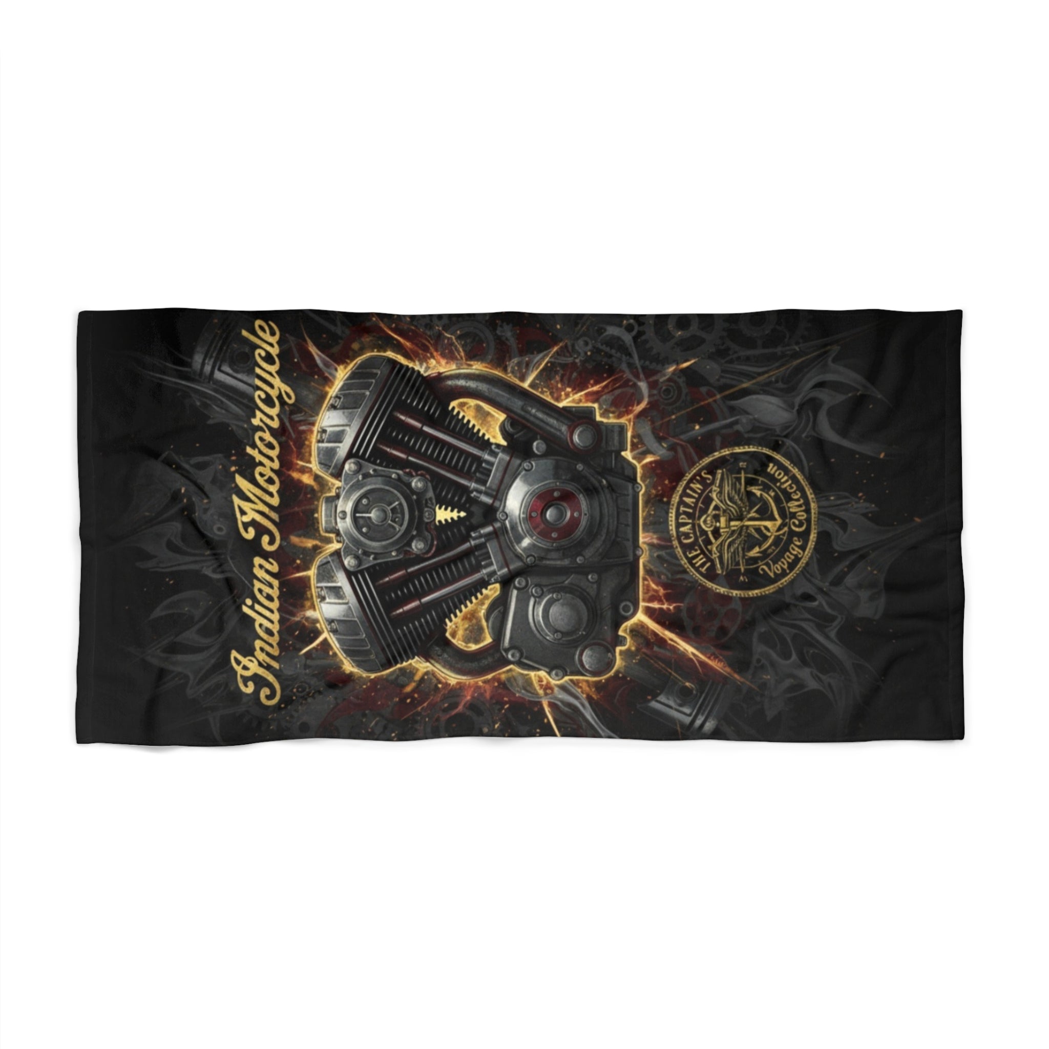 Indian Motorcycle Engine Beach Towel — Retro Biker Skull & V-Twin Design