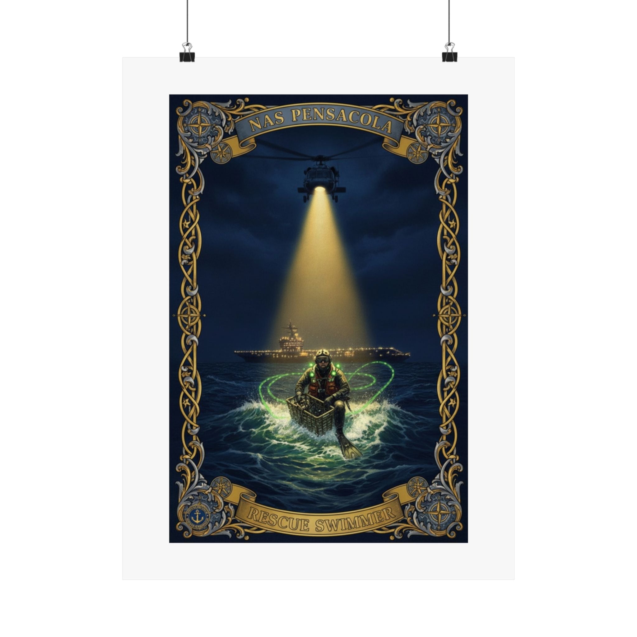 Nautical Rescue Matte Poster — Lighthouse Search & Shipwreck Scene