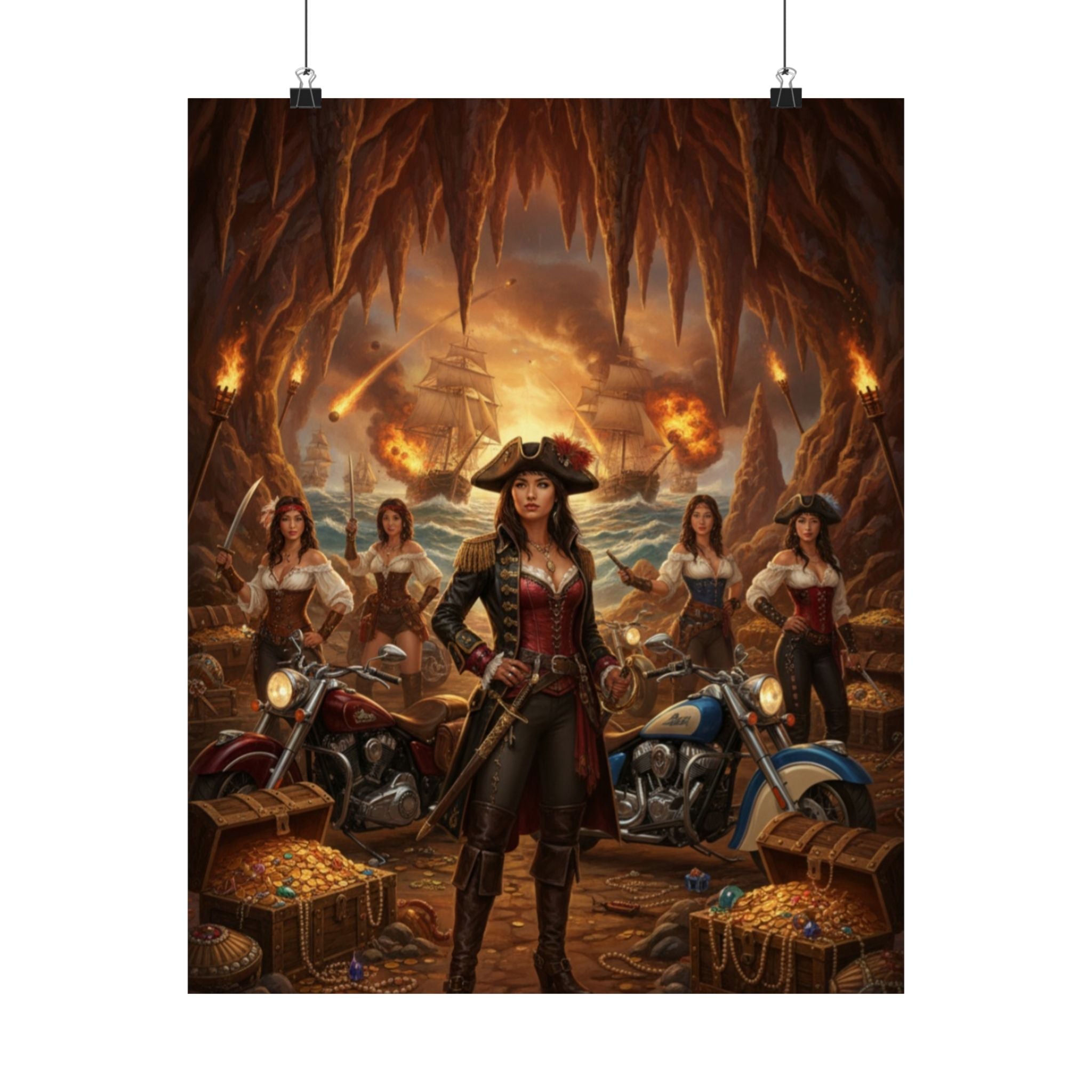 Pirate Queen Matte Poster — Fantasy Biker Treasure Cave Wall Art