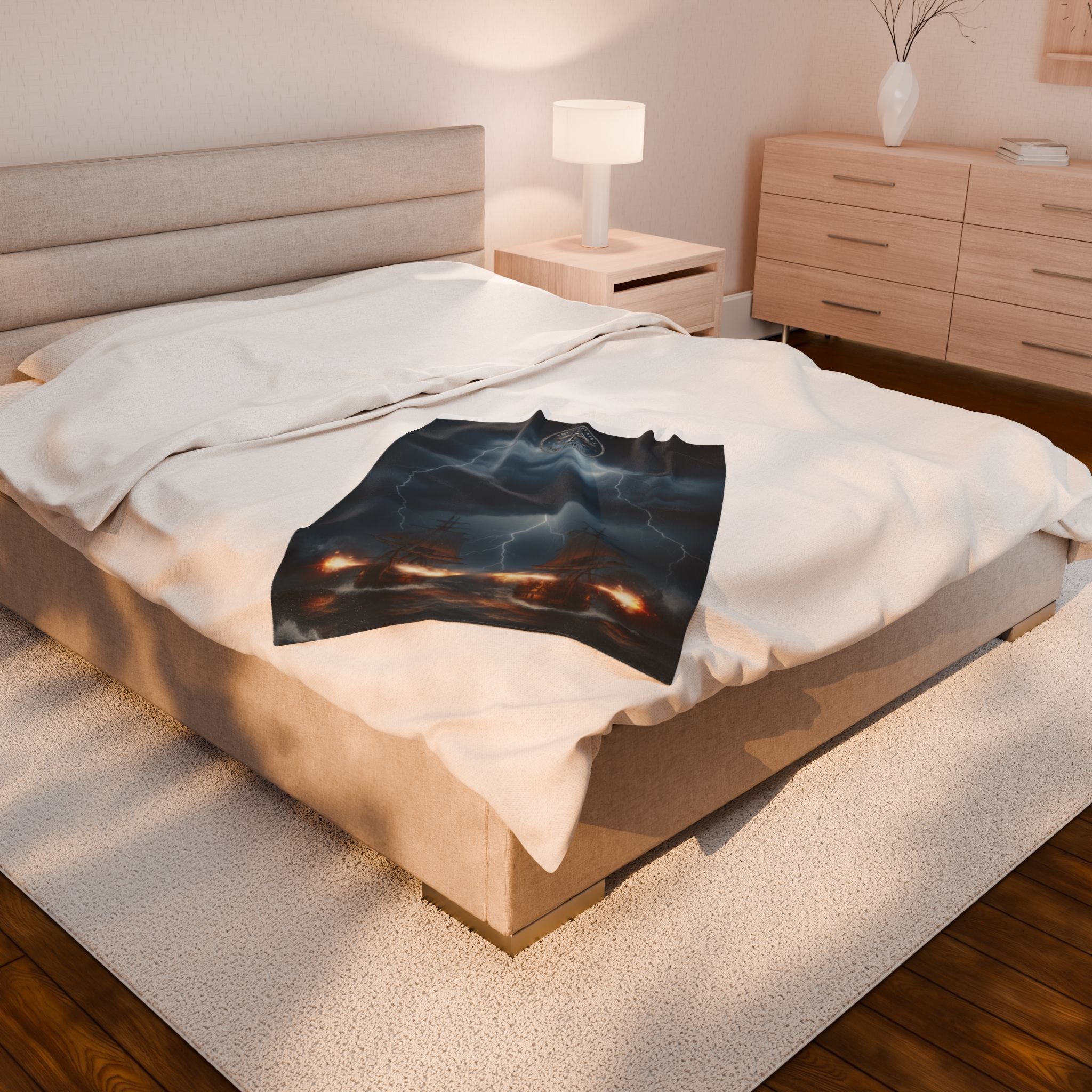 Naval Battle Velveteen Plush Blanket – Stormy Ship Warfare Design