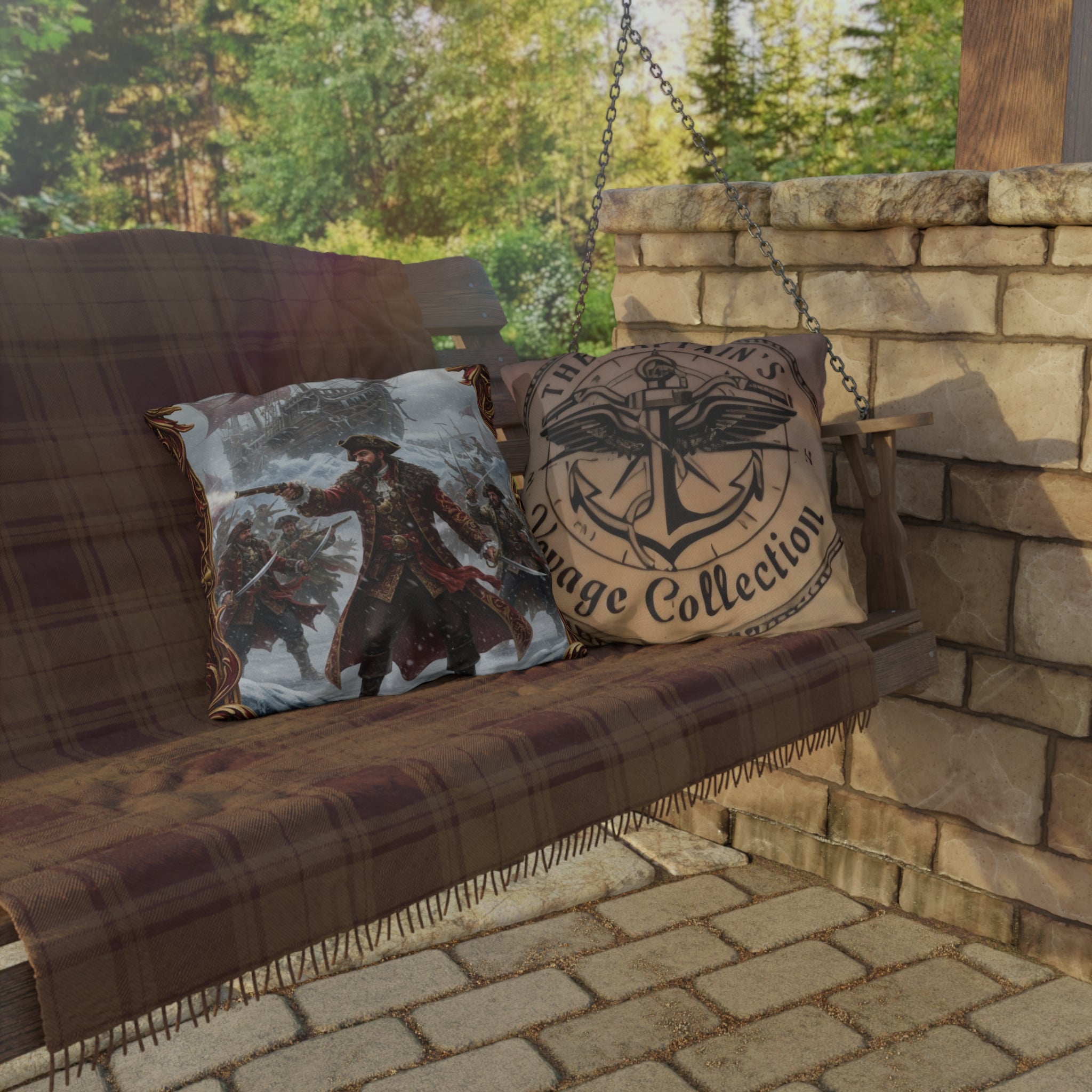 Nautical Pirate Captain Outdoor Pillow — Vintage Ship Anchor Voyage Accent Cushion