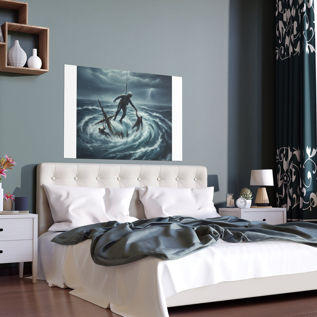 Stormy Sea Silk Poster — Dramatic Sailor Rescue Wall Art (Indoor/Outdoor)