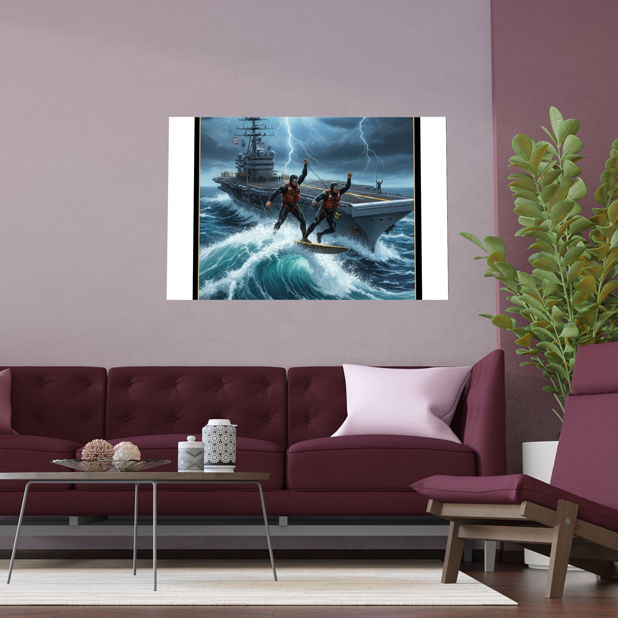 Navy Storm Surfing Silk Poster — Military Aircraft Carrier Art Print (Indoor/Outdoor)