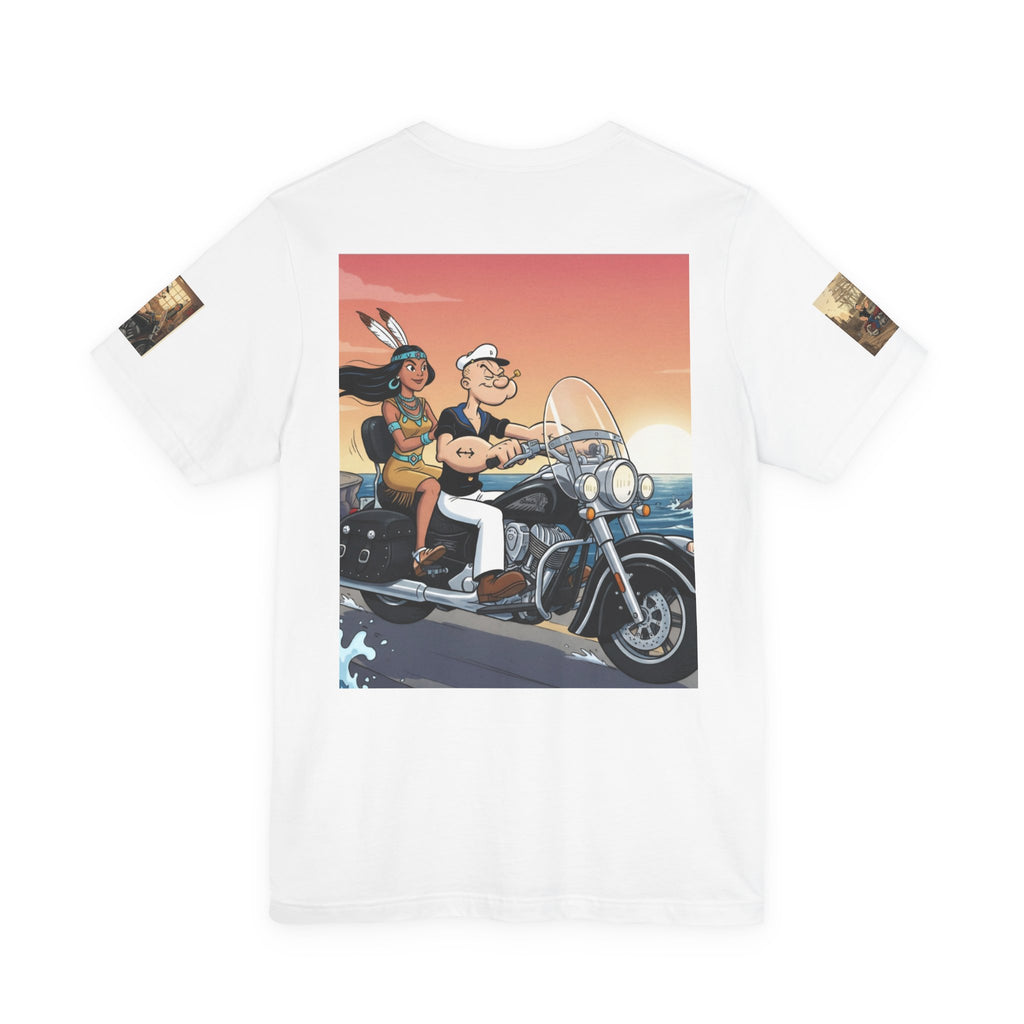 Popeye & Olive Adventure Tee — Vintage Motorcycle Campfire Graphic T-Shirt