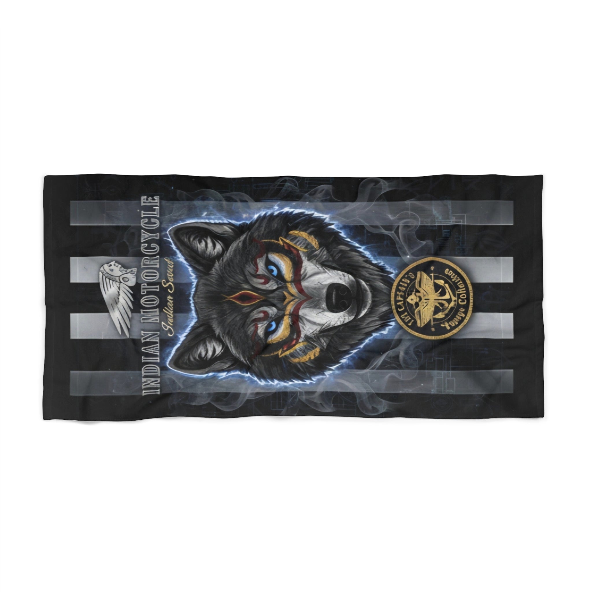 Wolf Motorcycle Beach Towel — Tribal Wolf Emblem Striped Beach Towel