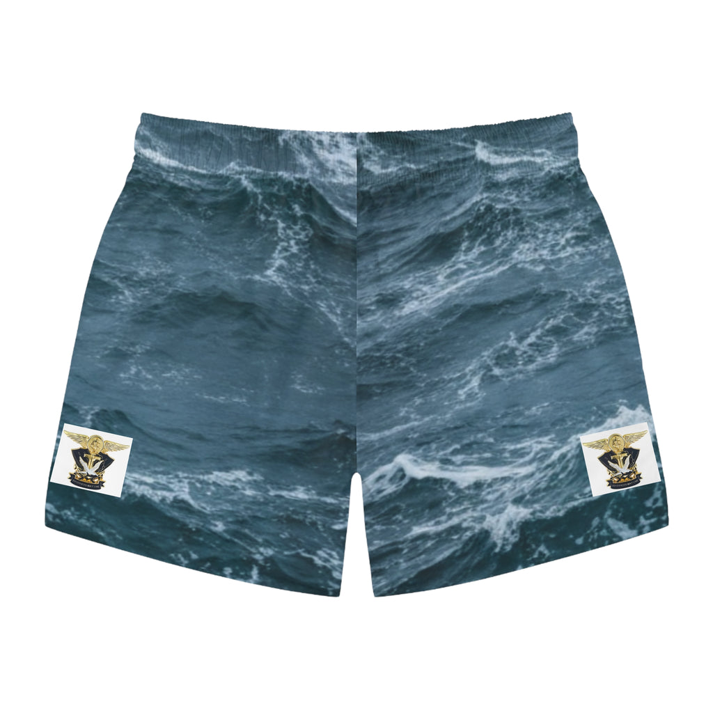 Ocean Wave Swim Trunks — All-Over Print 'Navy Sea Knows No Limits'
