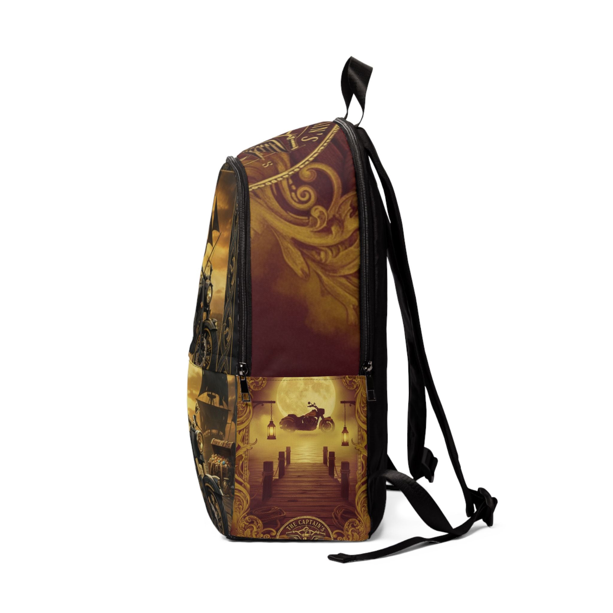 Vintage Motorcycle & Pirate Ship Backpack - Steampunk Biker Travel Bag