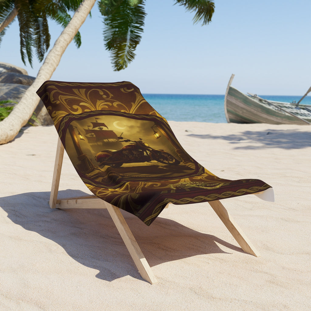 Vintage Pirate Ship Beach Towel — Nautical Compass & Treasure Map Design