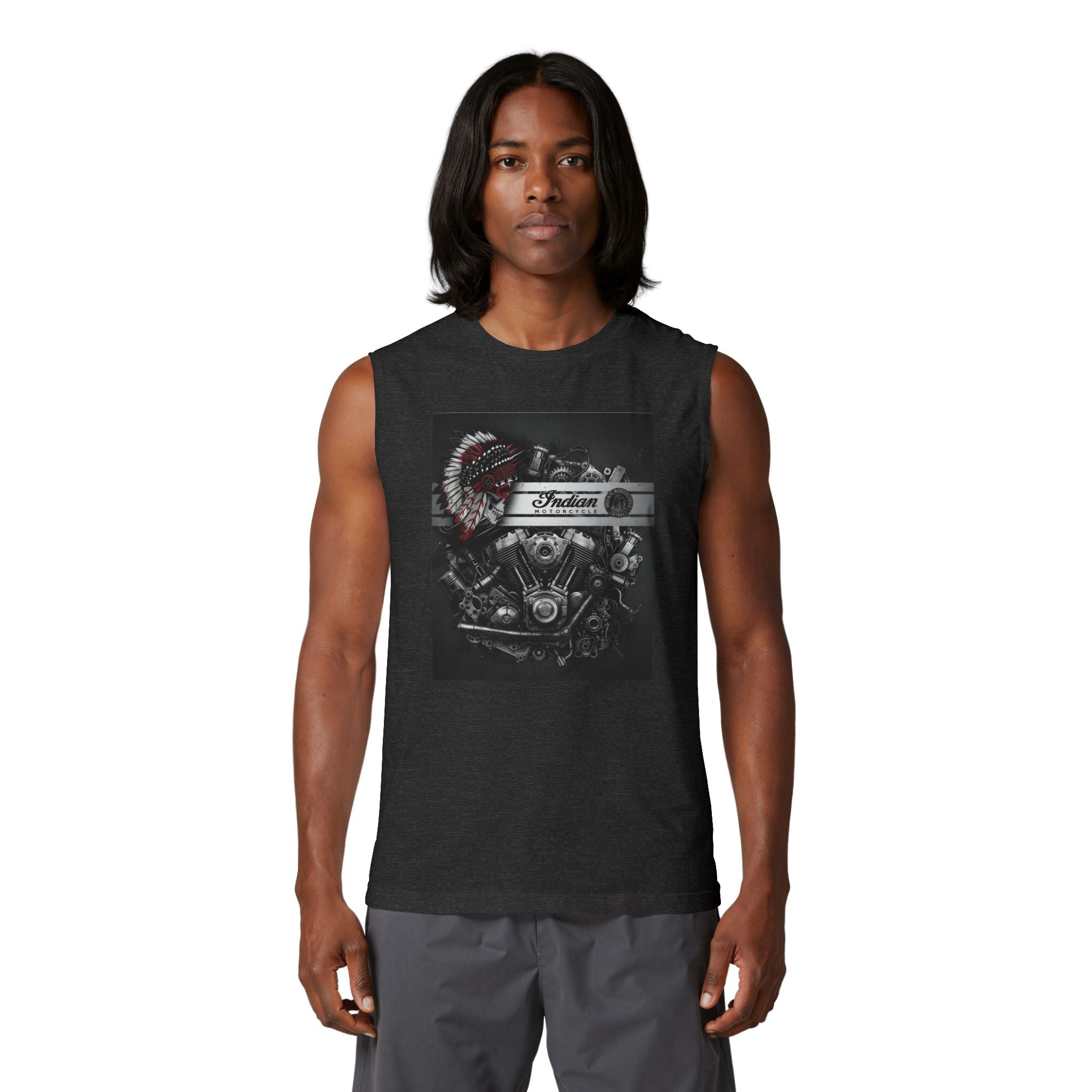 Indian Motorcycle Engine Graphic Muscle Tank — Vintage Chief Headdress Moto Tank Top