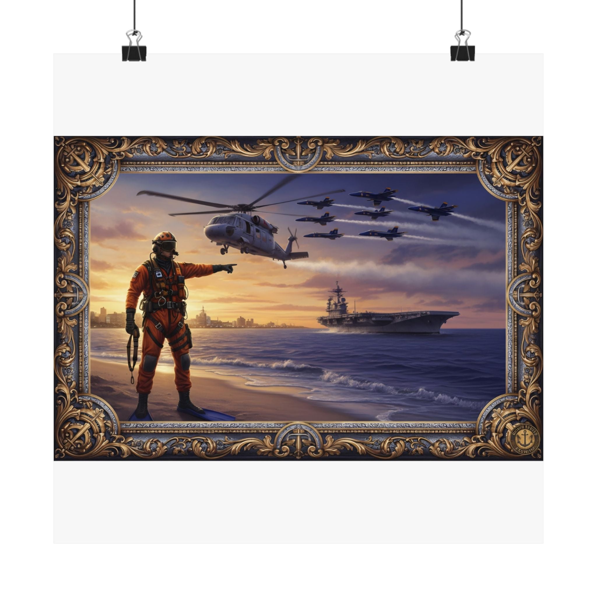 Military Aviation Matte Poster — Navy Helicopters & Sailor Sunset