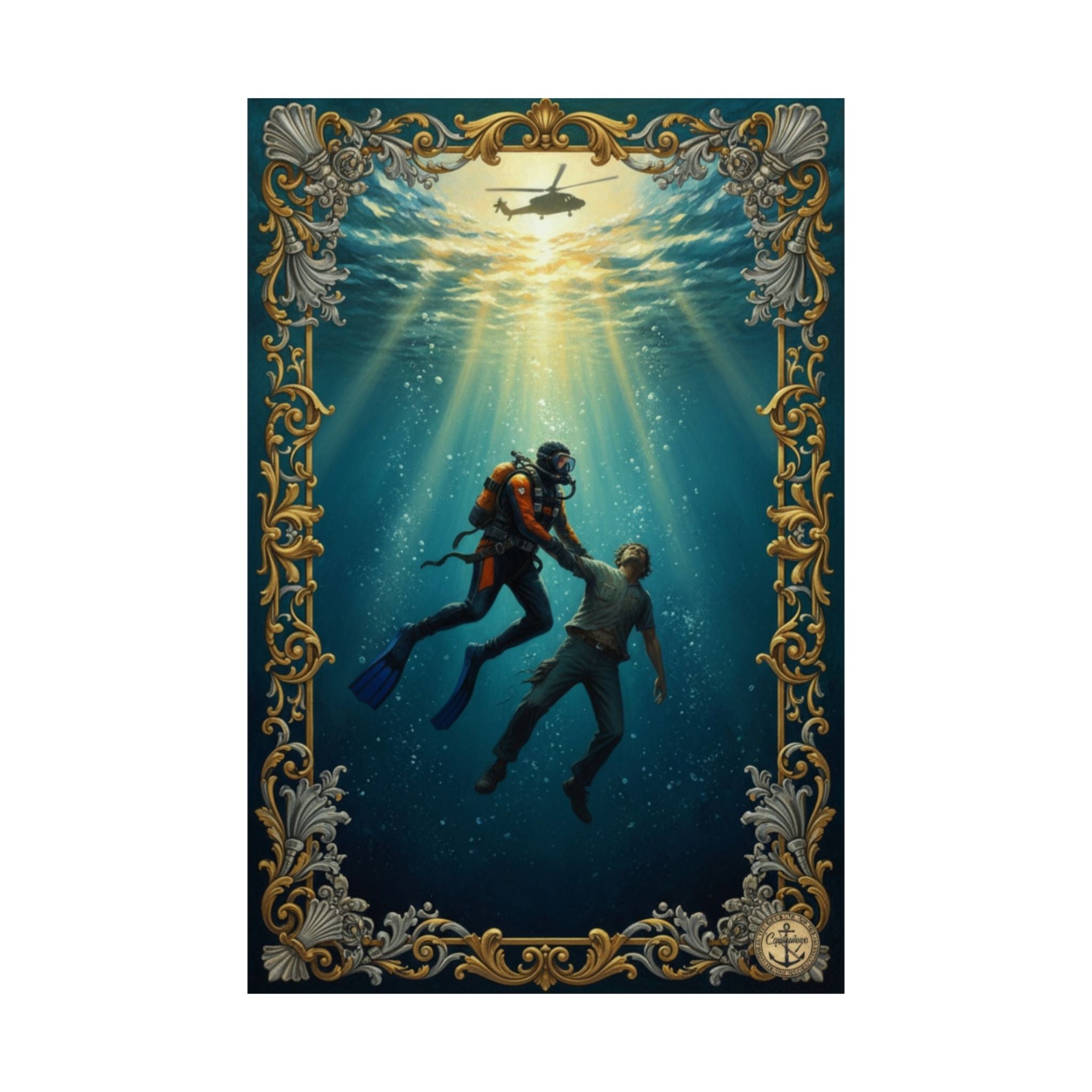 Underwater Rescue Poster — Diver & Child Matte Vertical Art Print