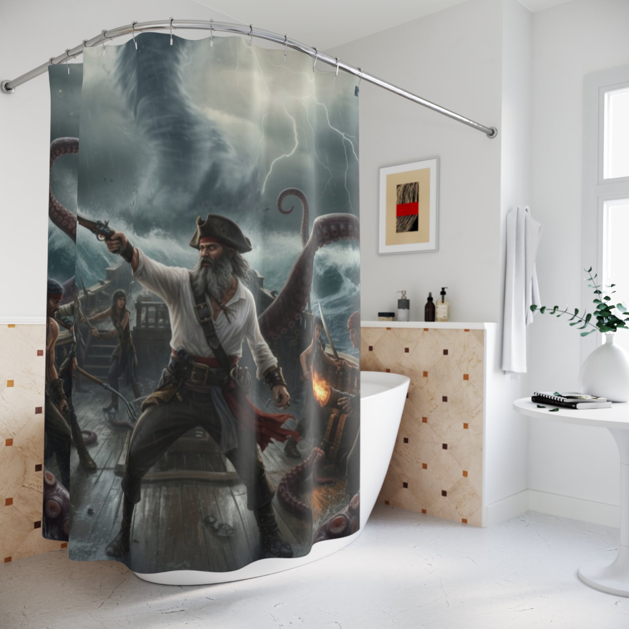 Pirate Kraken Battle Shower Curtain — Nautical Storm Bathroom Decor